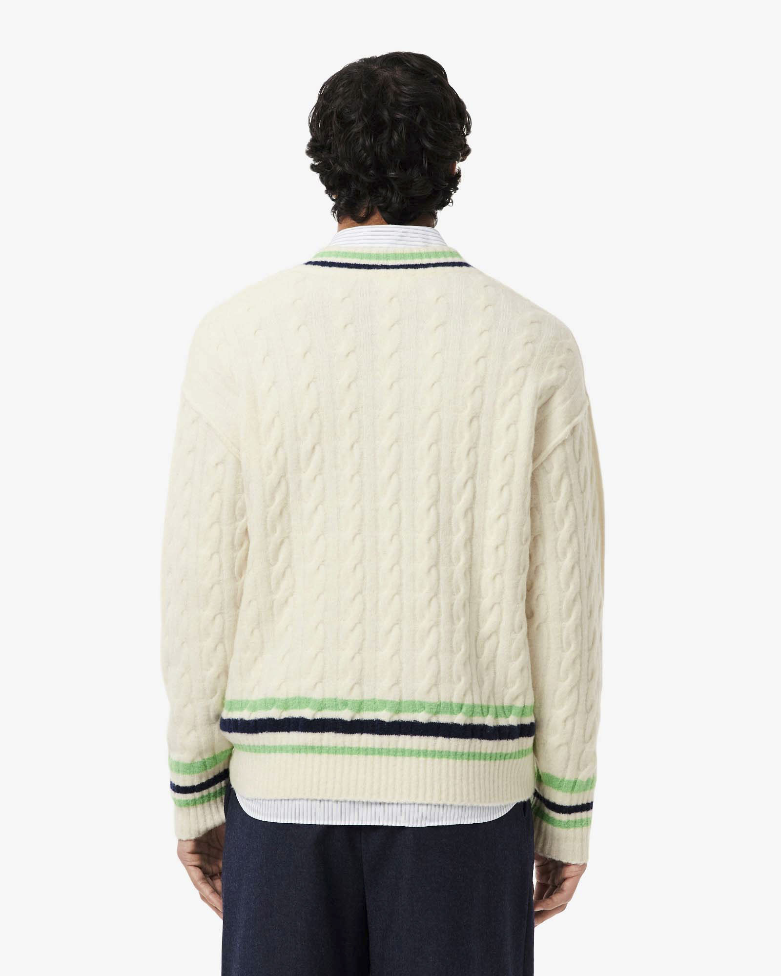 Maglione Lacoste panna in lana a trecce con scollo a V e righe in contrasto image