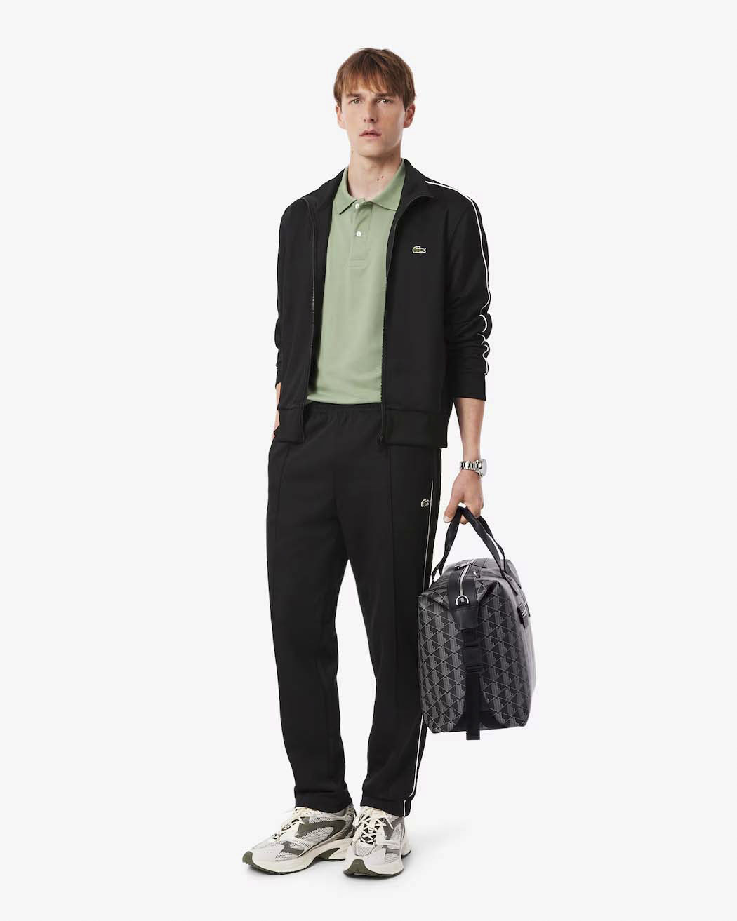 Pantaloni Lacoste neri in felpa piqué interlock di cotone con piping in contrasto