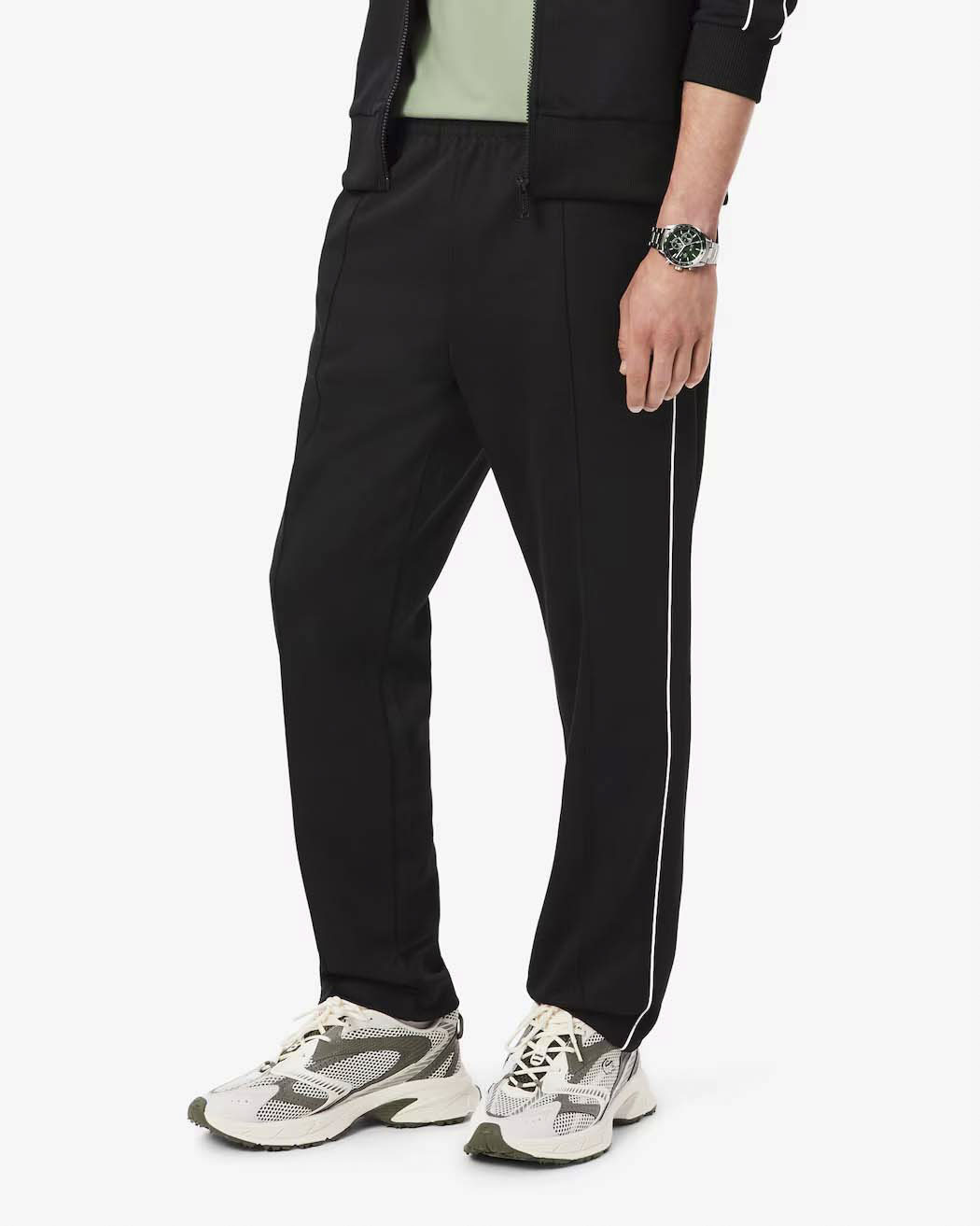 Pantaloni Lacoste neri in felpa piqué interlock di cotone con piping in contrasto image