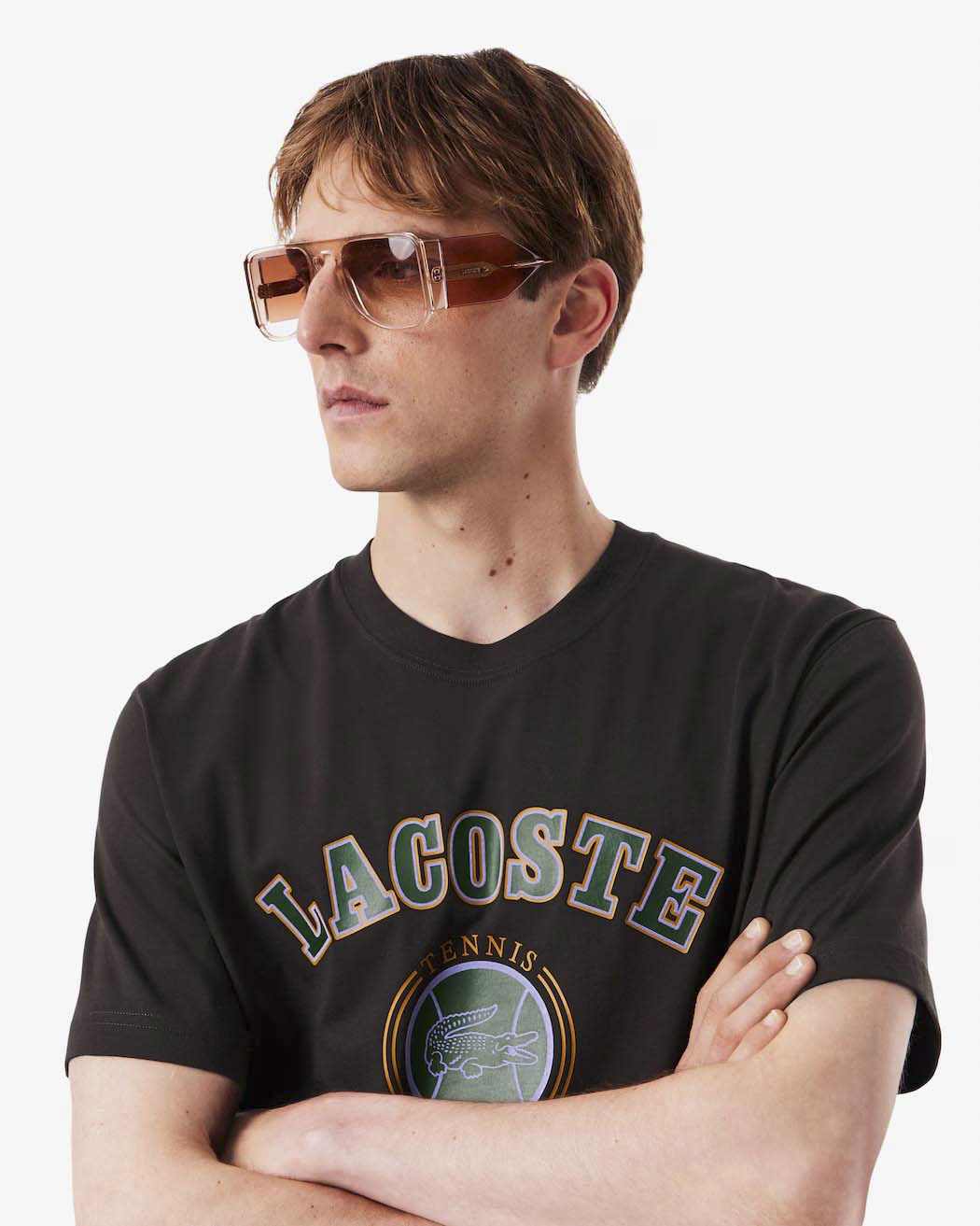 T-shirt mezza manica Lacoste marrone in jersey di cotone con stampa Tennis Heritage davanti image