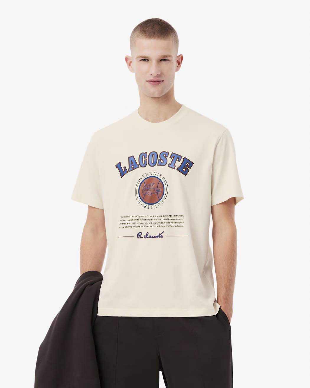 T-shirt mezza manica Lacoste panna in jersey di cotone con stampa Tennis Heritage davanti