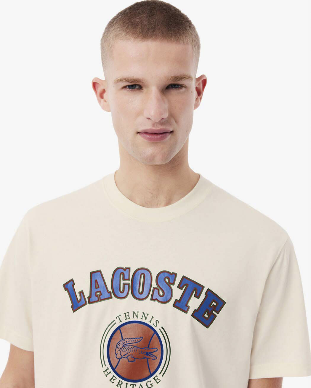 T-shirt mezza manica Lacoste panna in jersey di cotone con stampa Tennis Heritage davanti image
