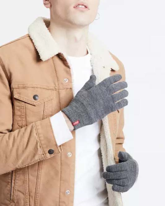 Guanti Levi's grigi tinta unita con piccola etichetta rossa porta logo e touch screen