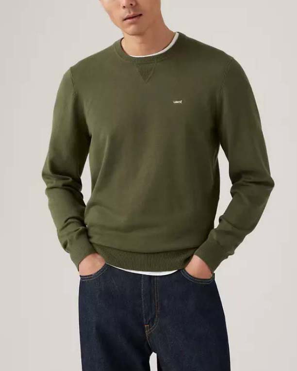 Maglia girocollo Levi's verde militare in cotone stretch con taglio felpa e logo batwing piccolo sul petto