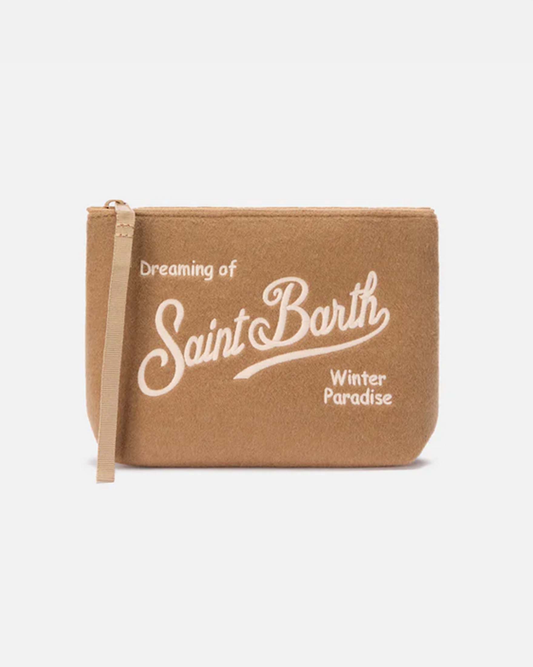 Pochette Aline Felt cammello in misto lana con logo panna ricamato fronte e retro