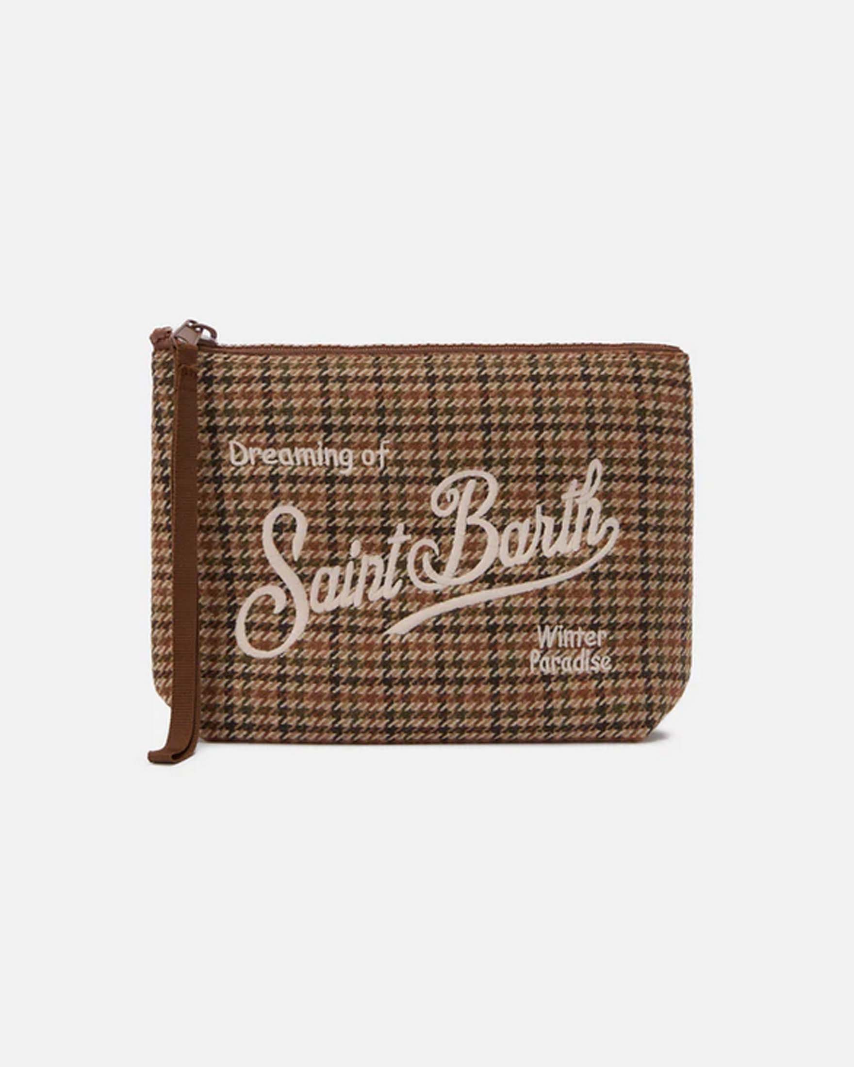 Pochette Aline nera in tessuto a effetto lana pied de poule con logo beige ricamato fronte e retro