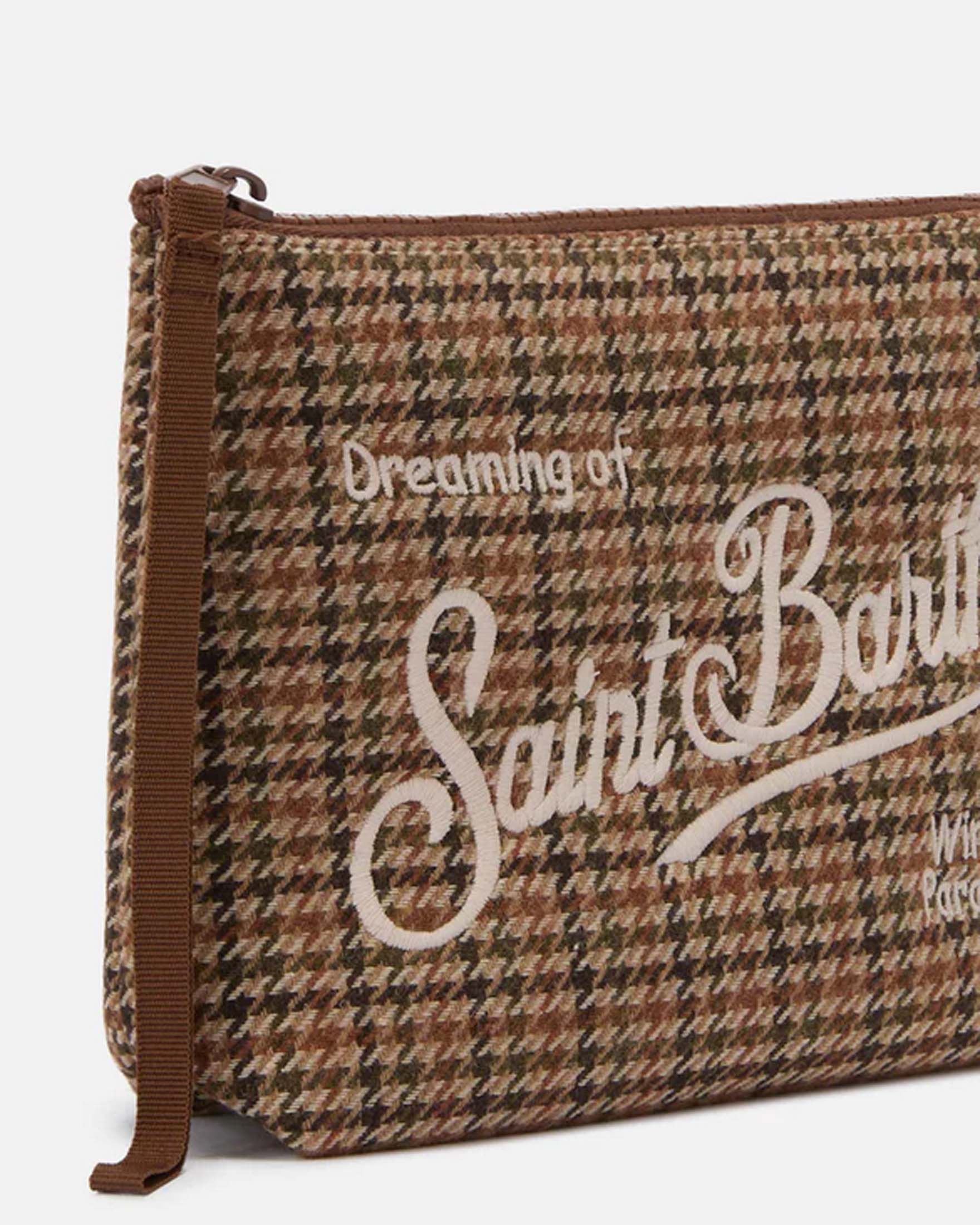 Pochette Aline nera in tessuto a effetto lana pied de poule con logo beige ricamato fronte e retro image