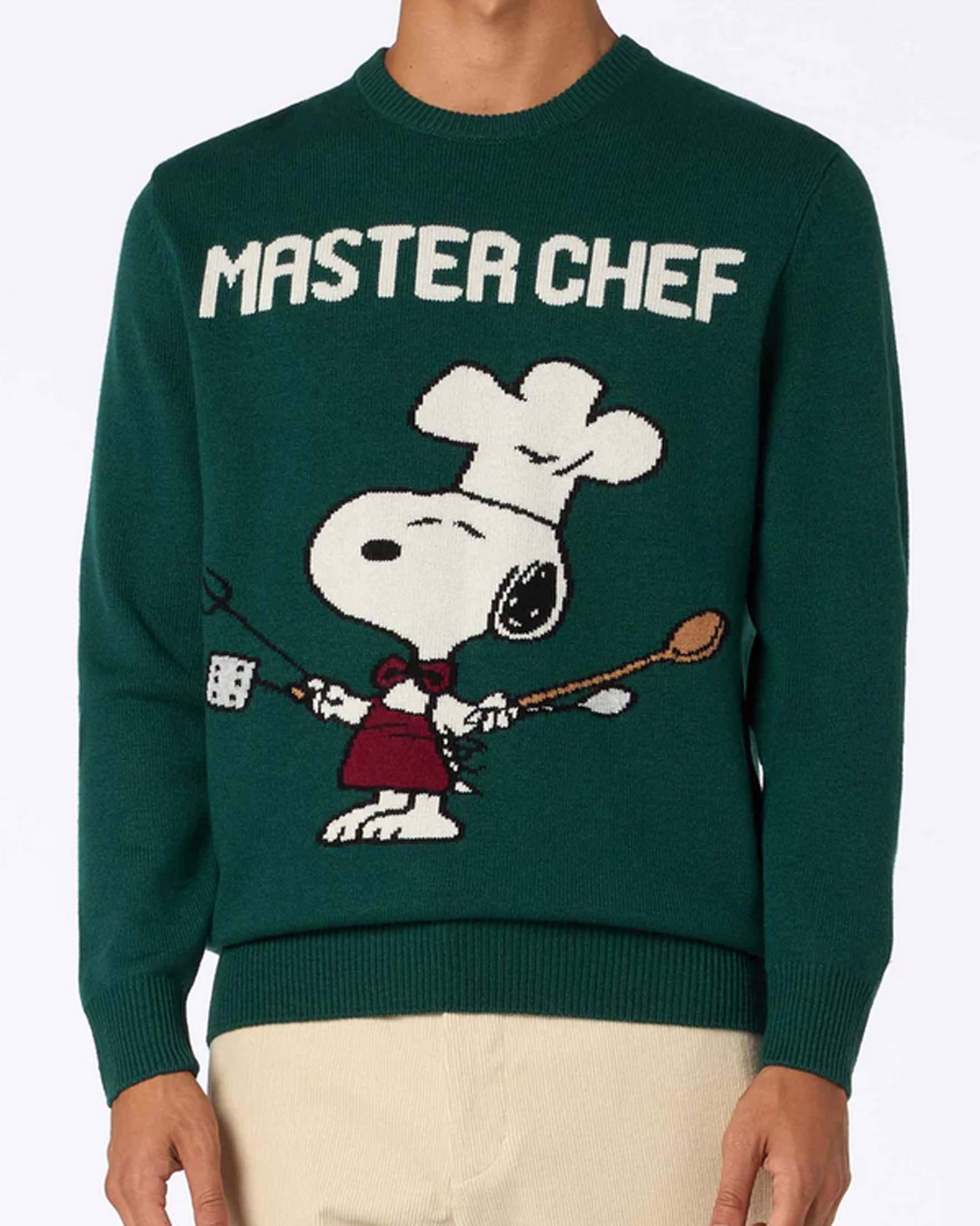 Maglia girocollo MC2 Saint Barth verde in lana e cashmere con grafica Snoopy Master Chef