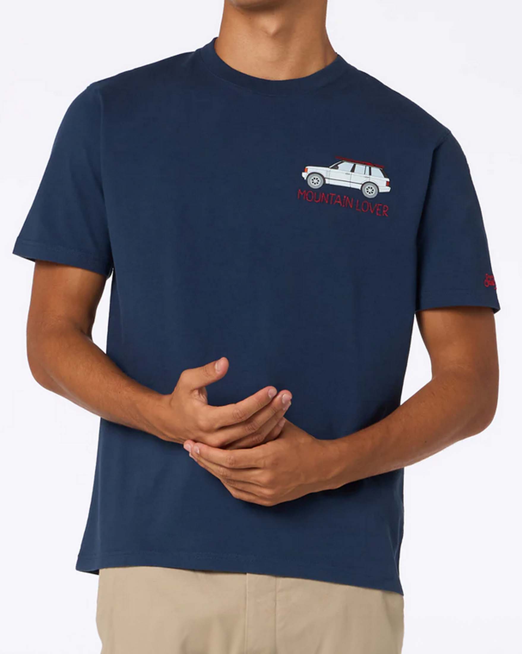 T-shirt mezza manica MC2 Saint Barth blu in puro cotone con ricamo 'Mountain Lover' e stampa fuoristrada sul petto