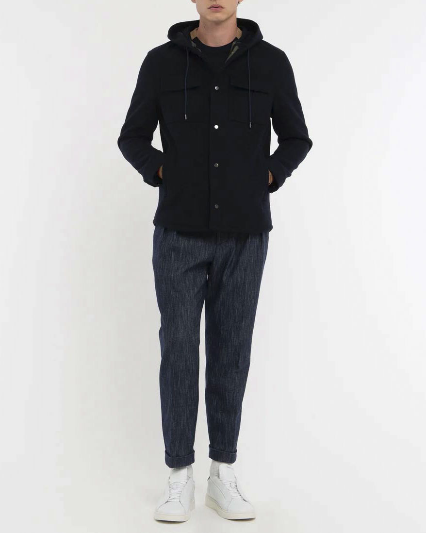 Giacca Manuel Ritz blu con cappuccio in panno di misto lana