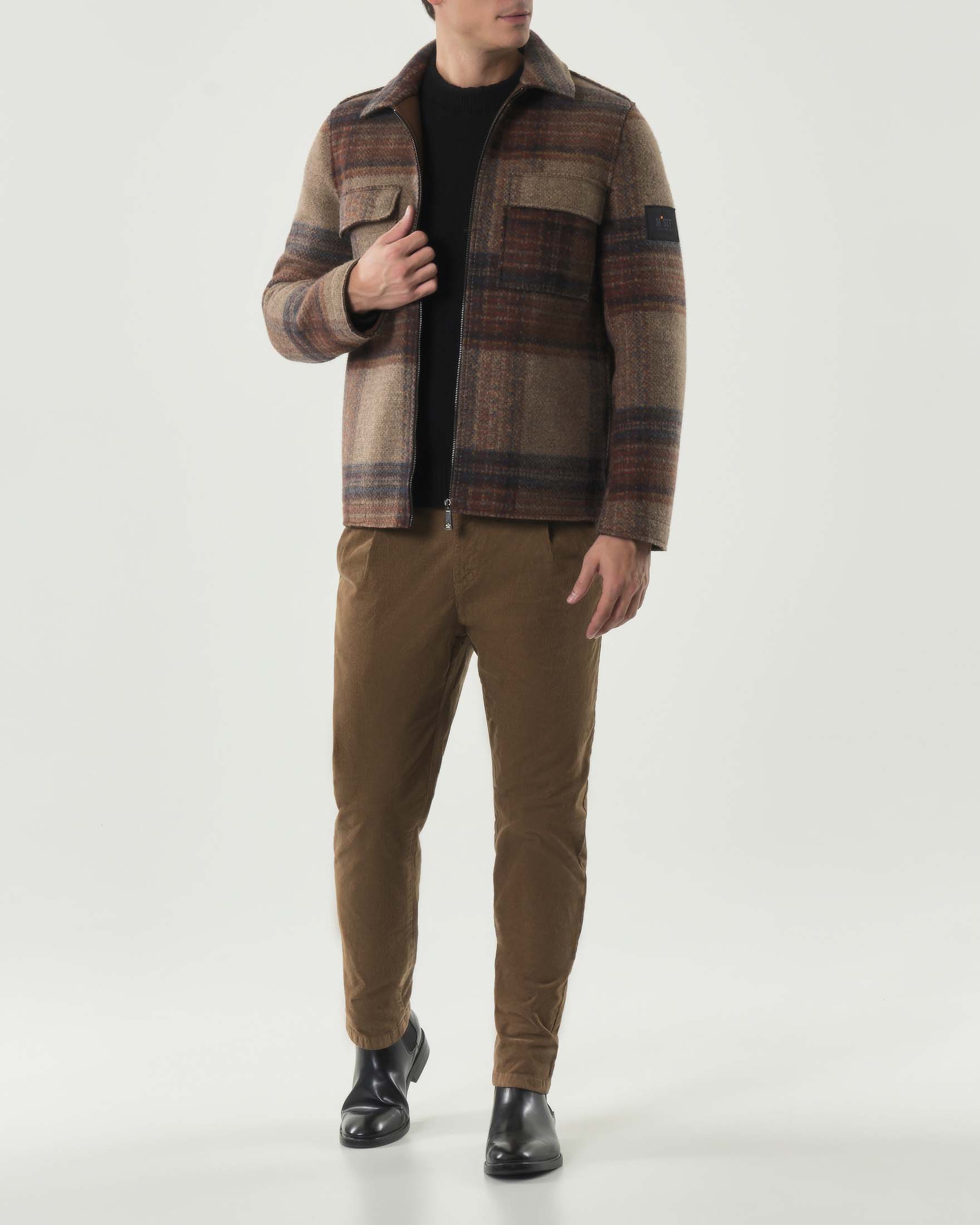 Giacca in misto lana accoppiata a fantasia check noce e arancio con chiusura zip