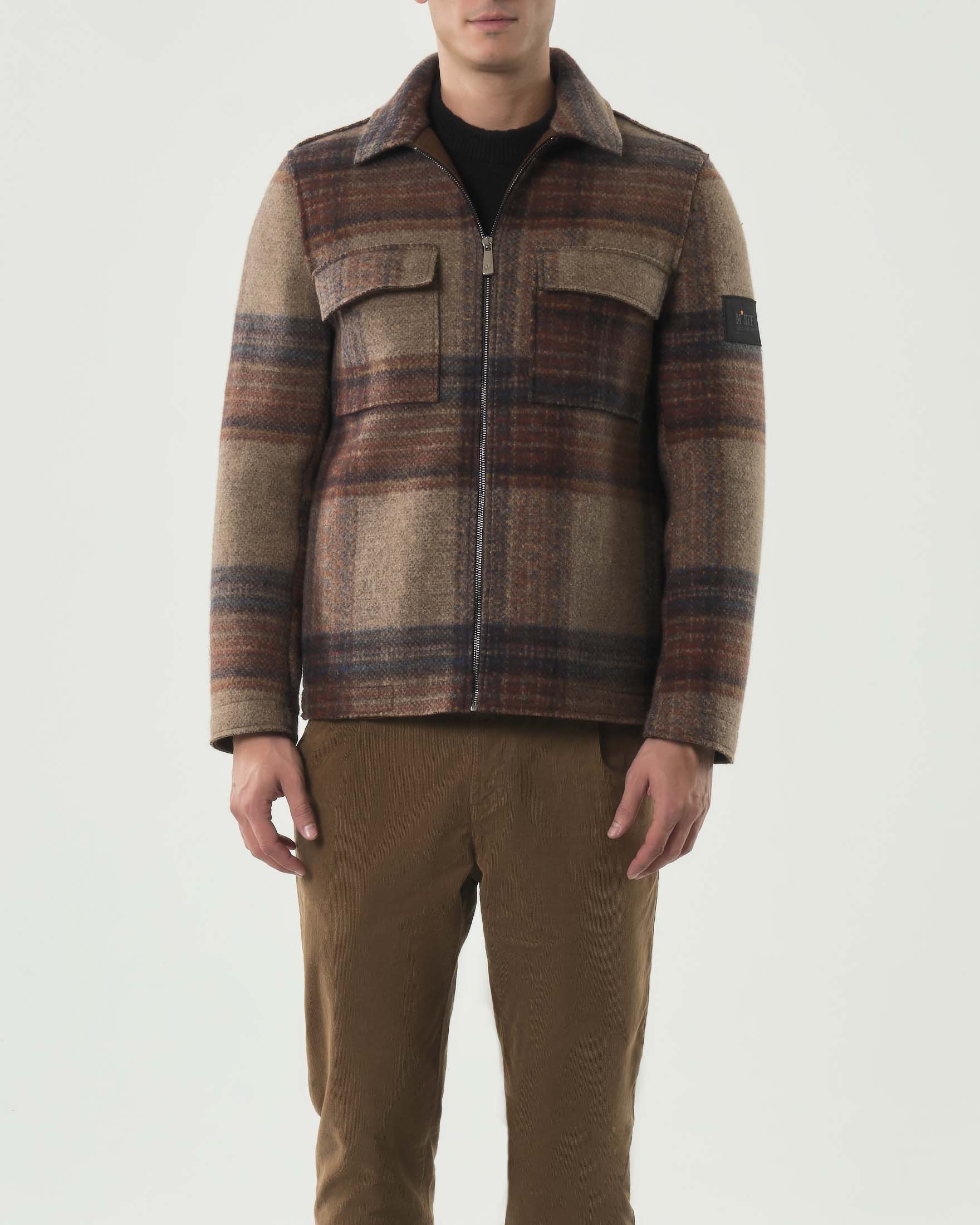 Giacca in misto lana accoppiata a fantasia check noce e arancio con chiusura zip image