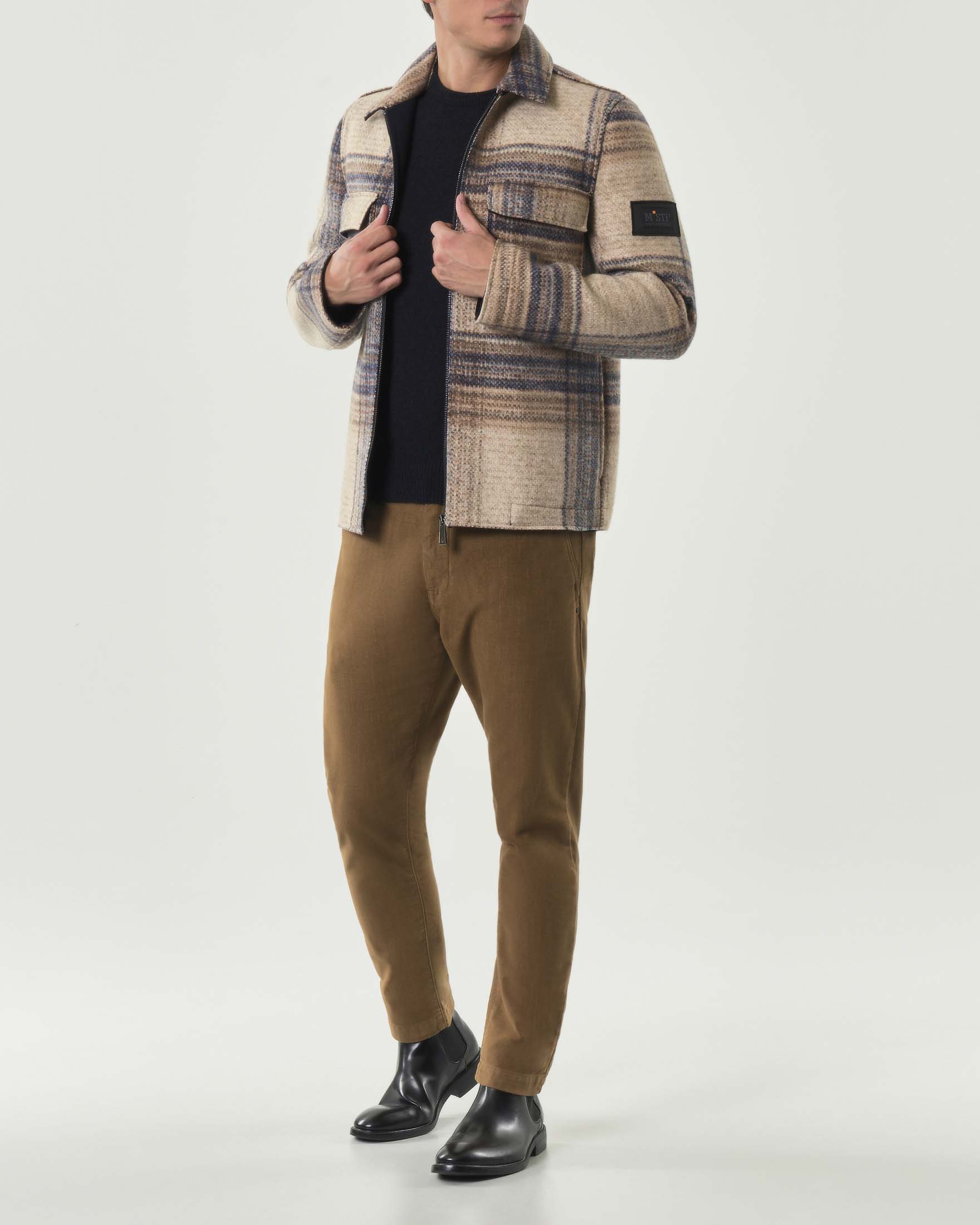 Giacca in misto lana accoppiata a fantasia check beige noce e blu con chiusura zip