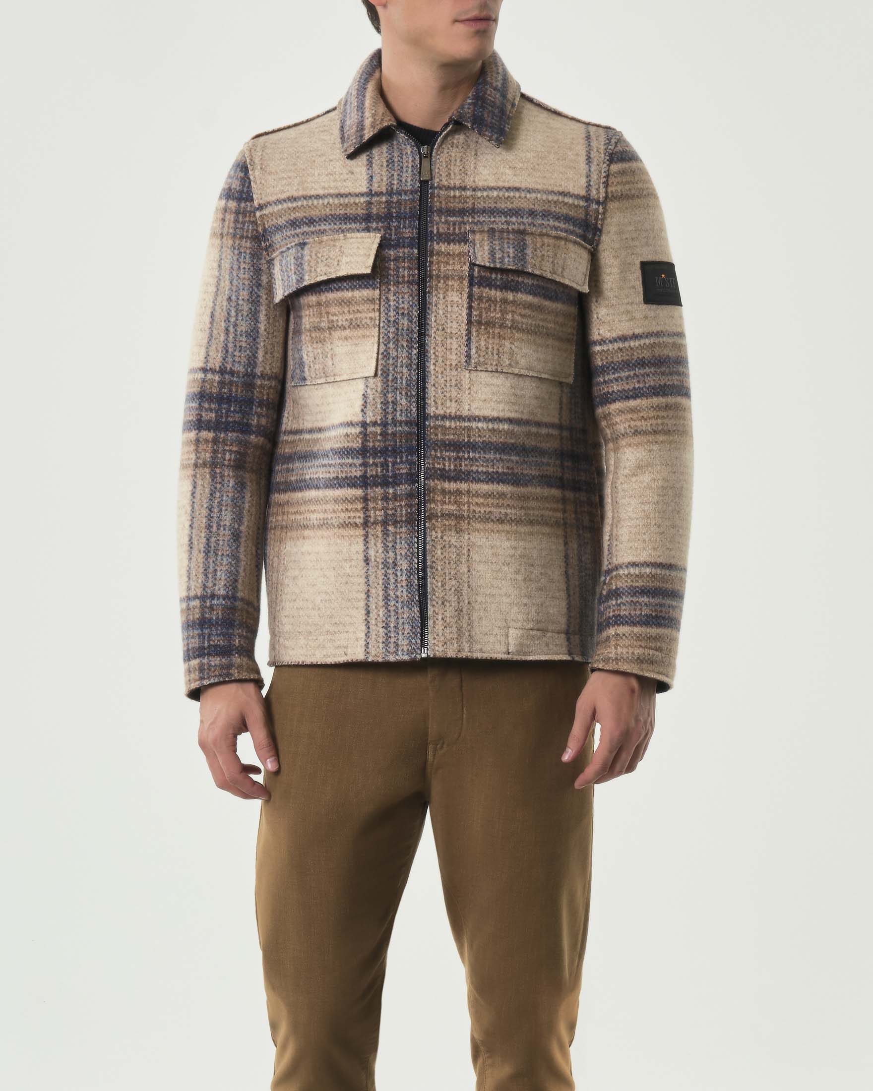 Giacca in misto lana accoppiata a fantasia check beige noce e blu con chiusura zip image