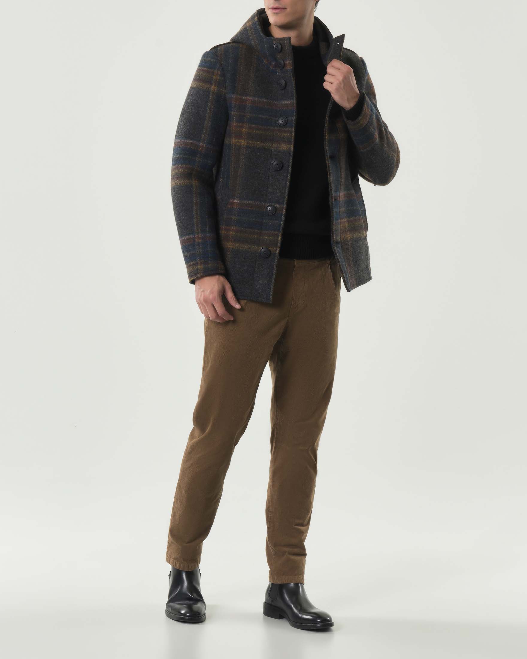 Cappotto corto con cappuccio in misto lana accoppiata a fantasia check blu grigia e caramello