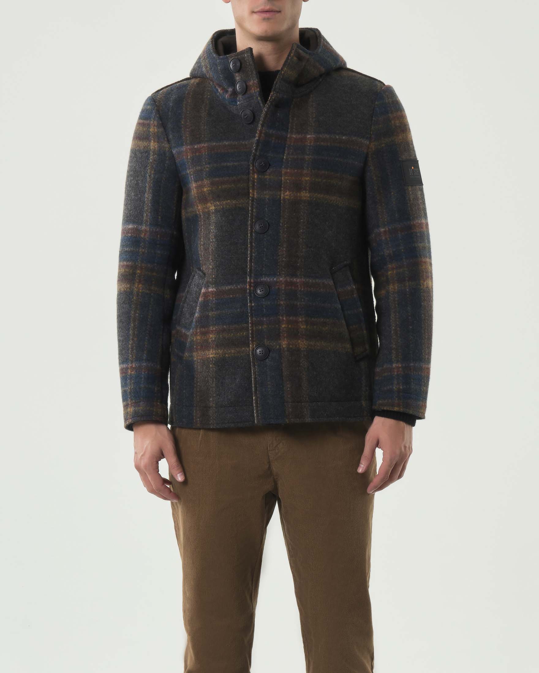 Cappotto corto con cappuccio in misto lana accoppiata a fantasia check blu grigia e caramello image