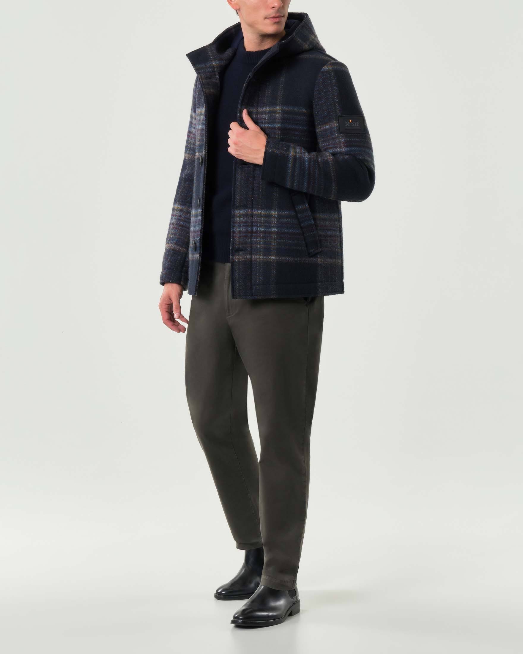 Cappotto corto con cappuccio in misto lana accoppiata a fantasia check blu azzurra e ocra