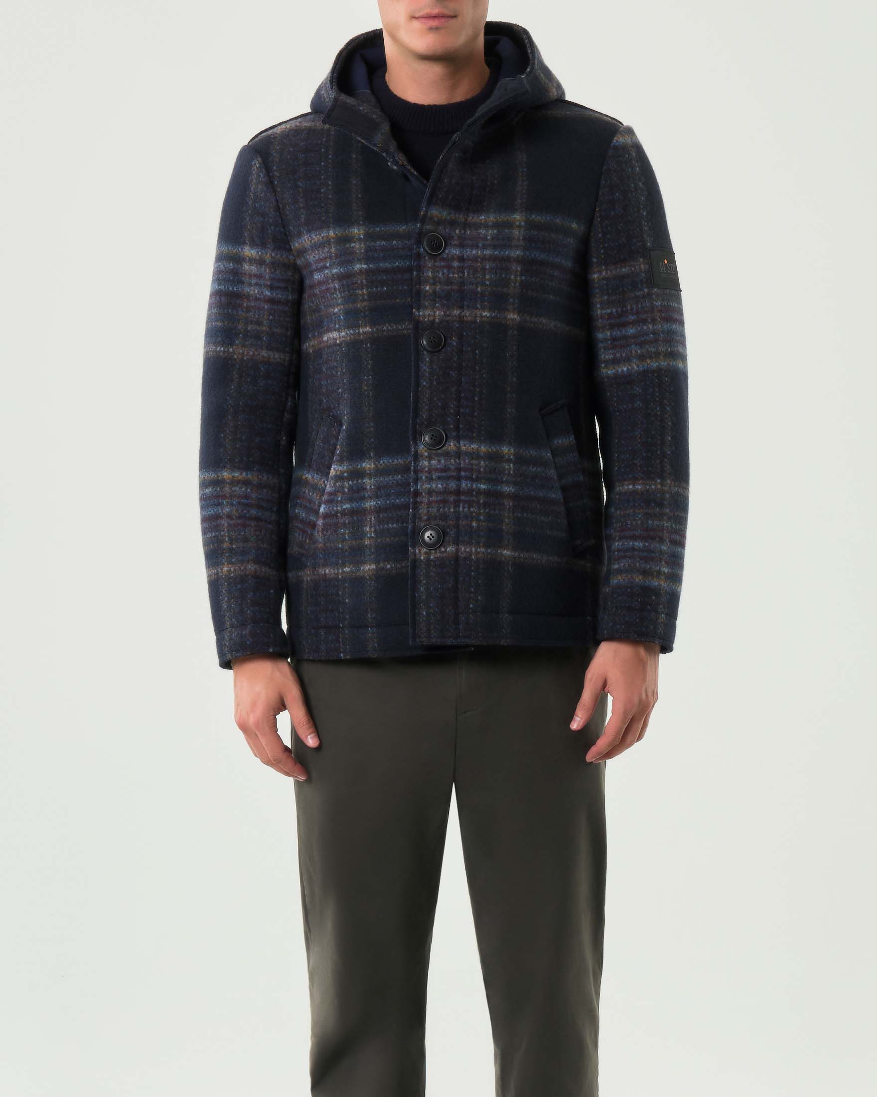 Cappotto corto con cappuccio in misto lana accoppiata a fantasia check blu azzurra e ocra image