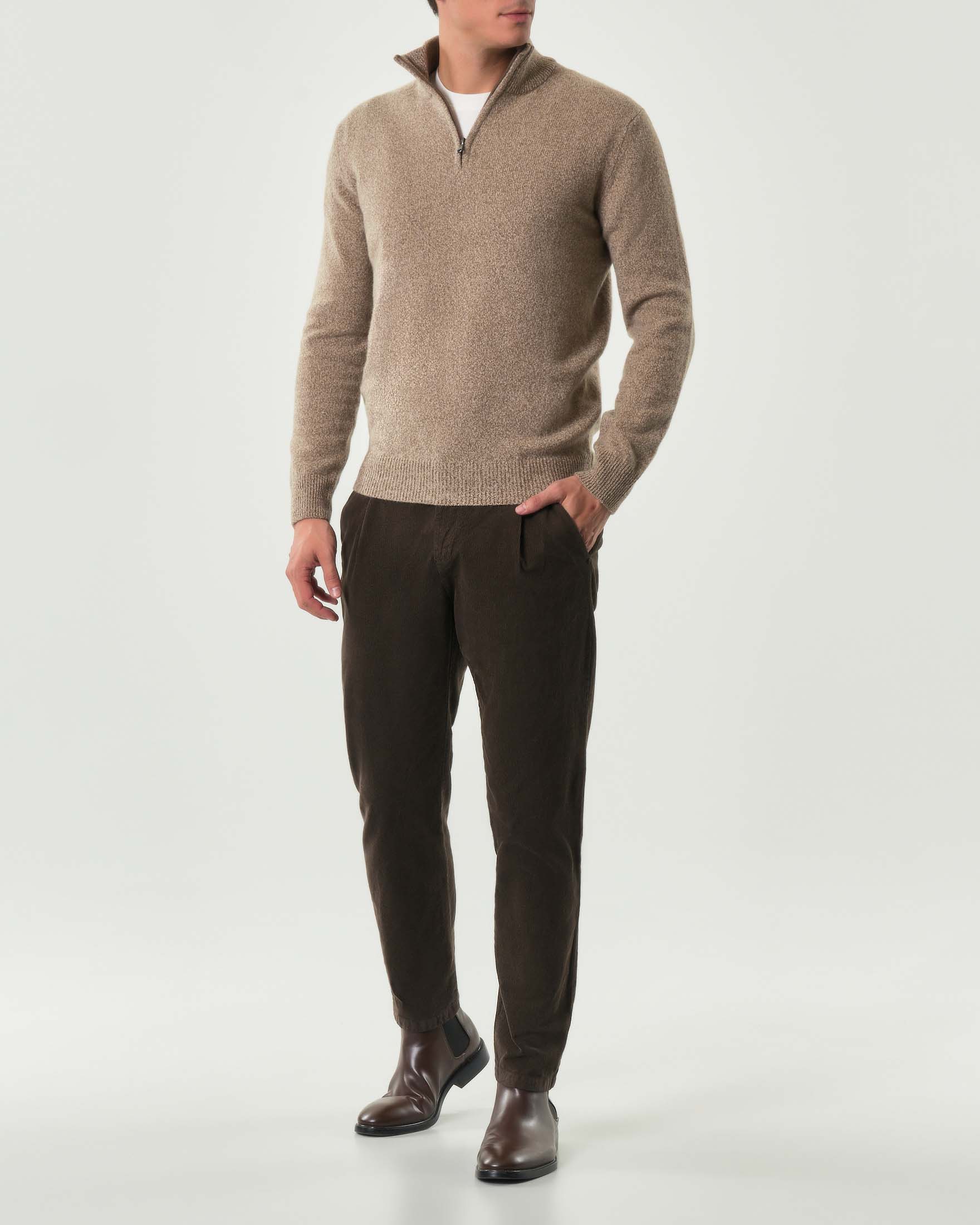 Maglione My Stuff noce mouliné in lana sulla finezza 7 con apertura a mezza zip