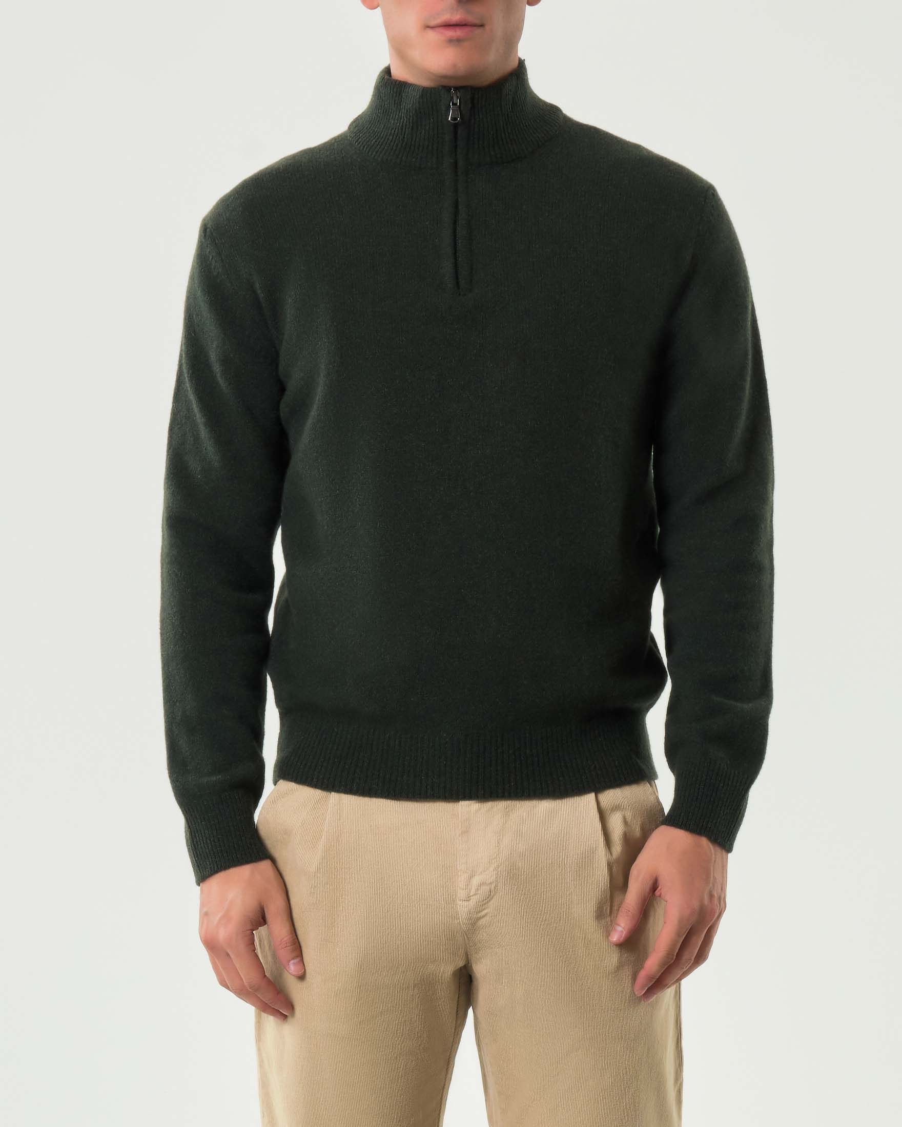 Maglione My Stuff verde bosco mouliné in lana sulla finezza 7 con apertura a mezza zip image