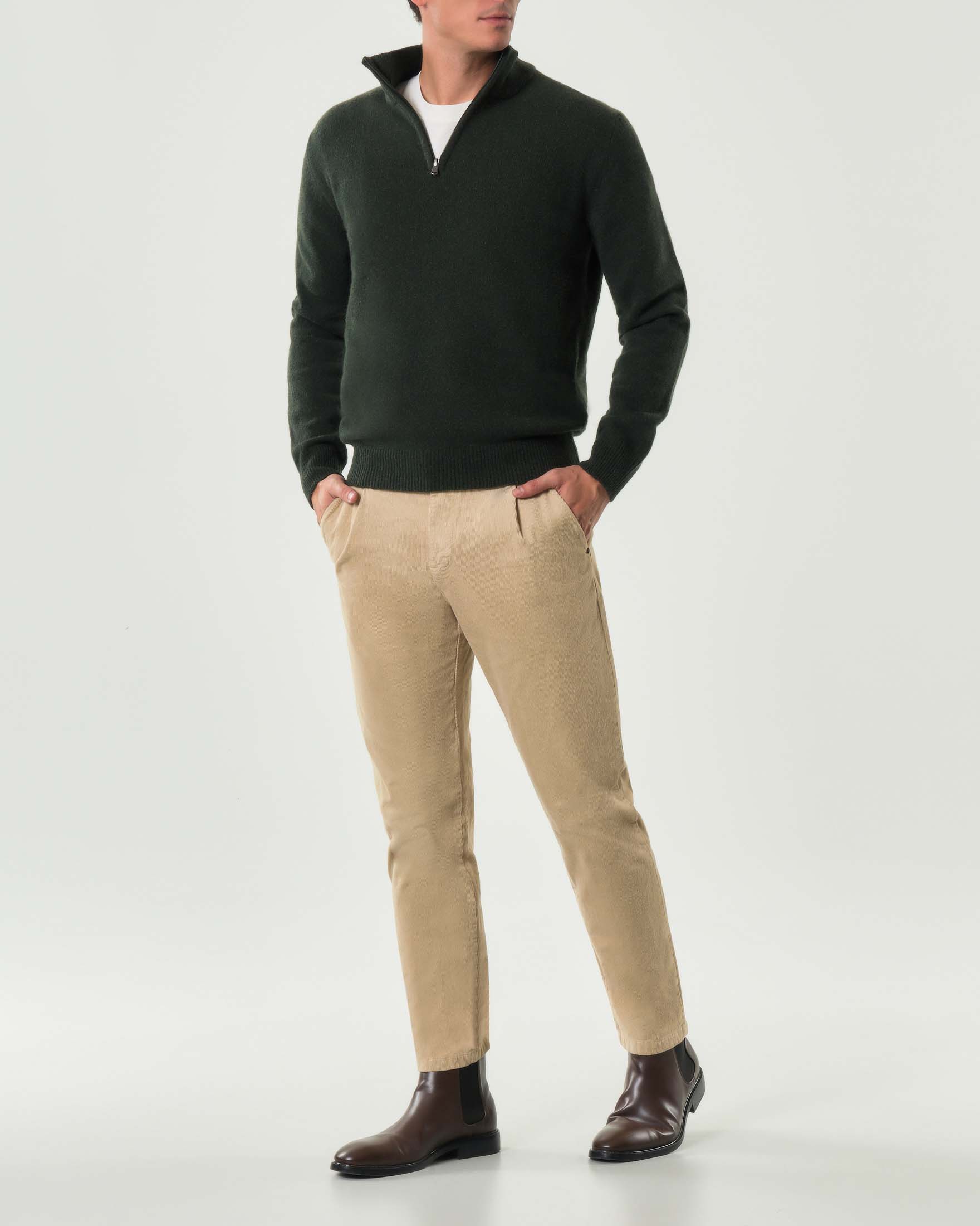 Maglione My Stuff verde bosco mouliné in lana sulla finezza 7 con apertura a mezza zip