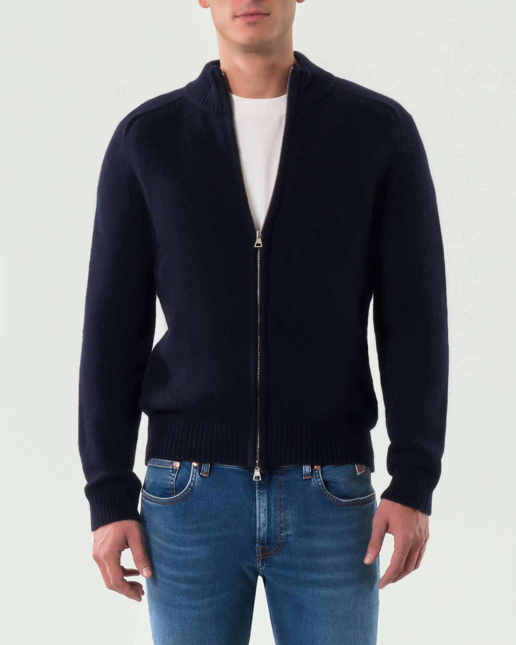 Maglia My Stuff blu in lana sulla finezza 7 con chiusura zip