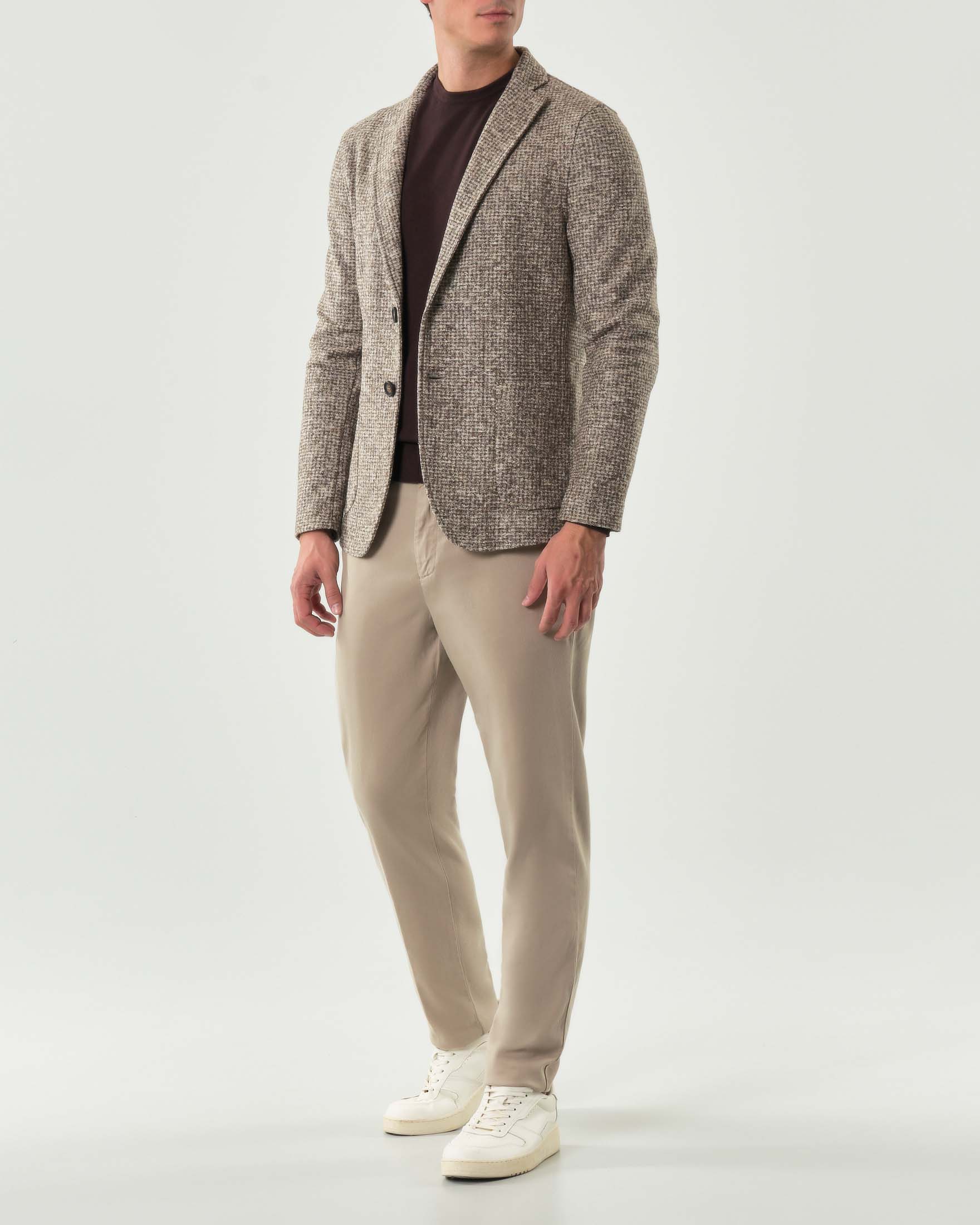 Giacca maglia in misto lana e cotone a fantasia armaturata beige e noce