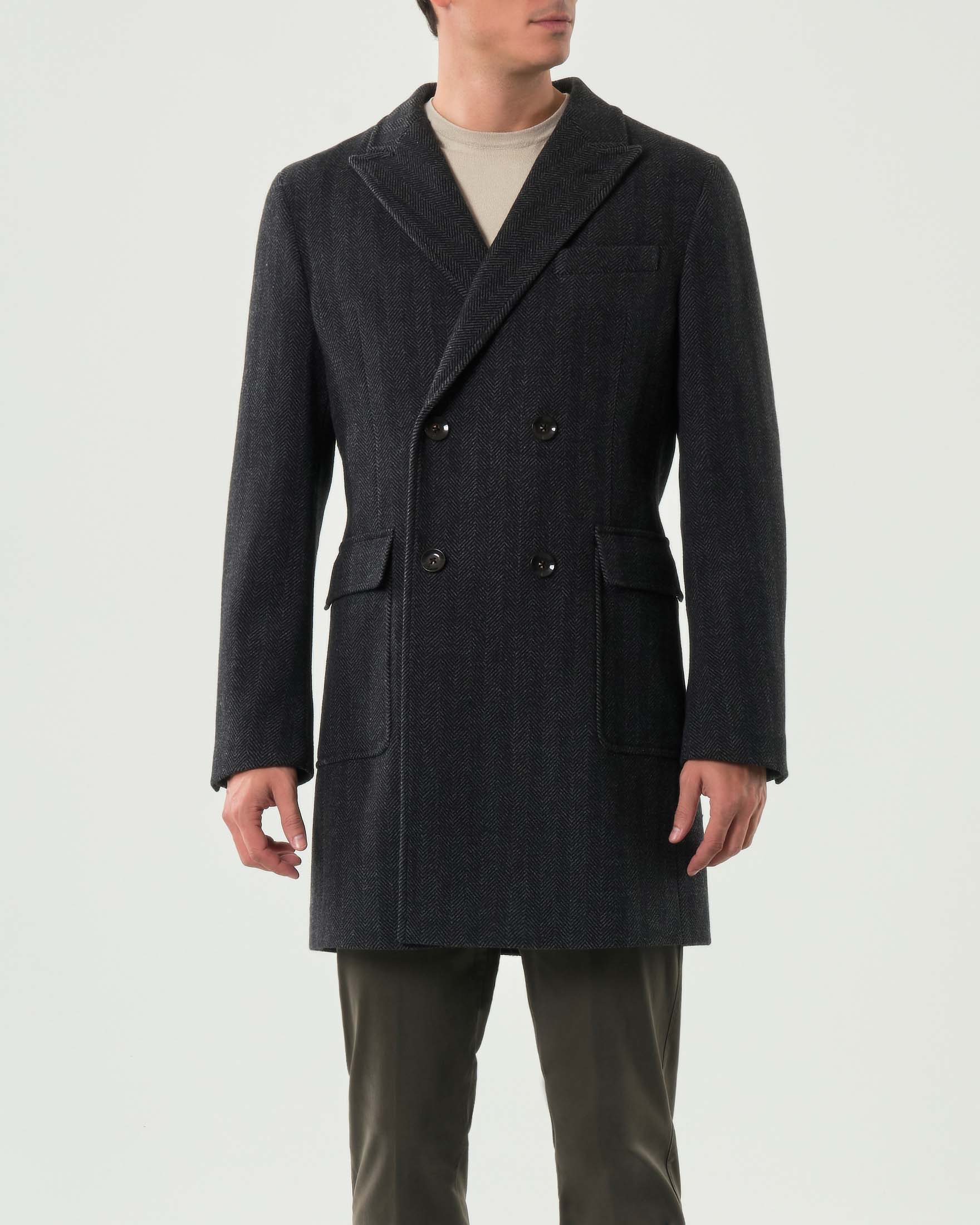 Cappotto doppiopetto Paul Baker in misto lana a spina di pesce grigio antracite