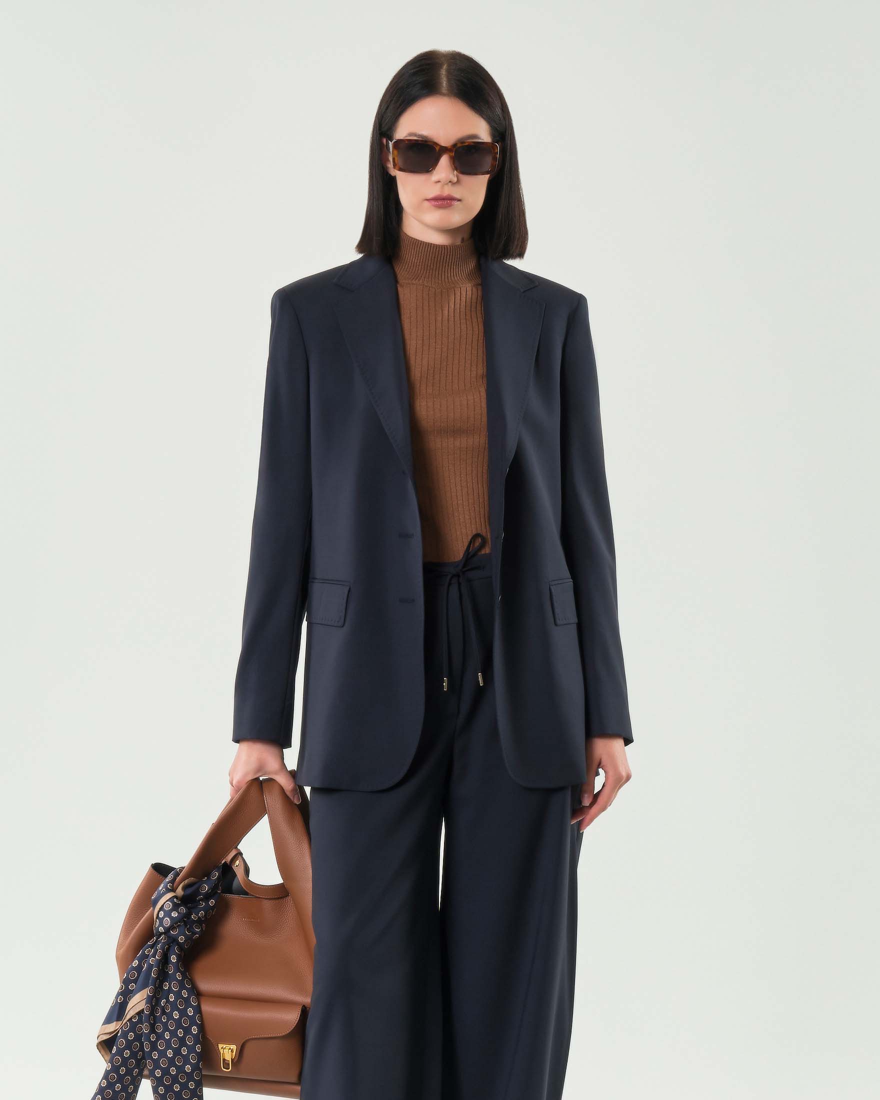Blazer blu in tela di lana leggera Max Mara Studio con scollo a rever