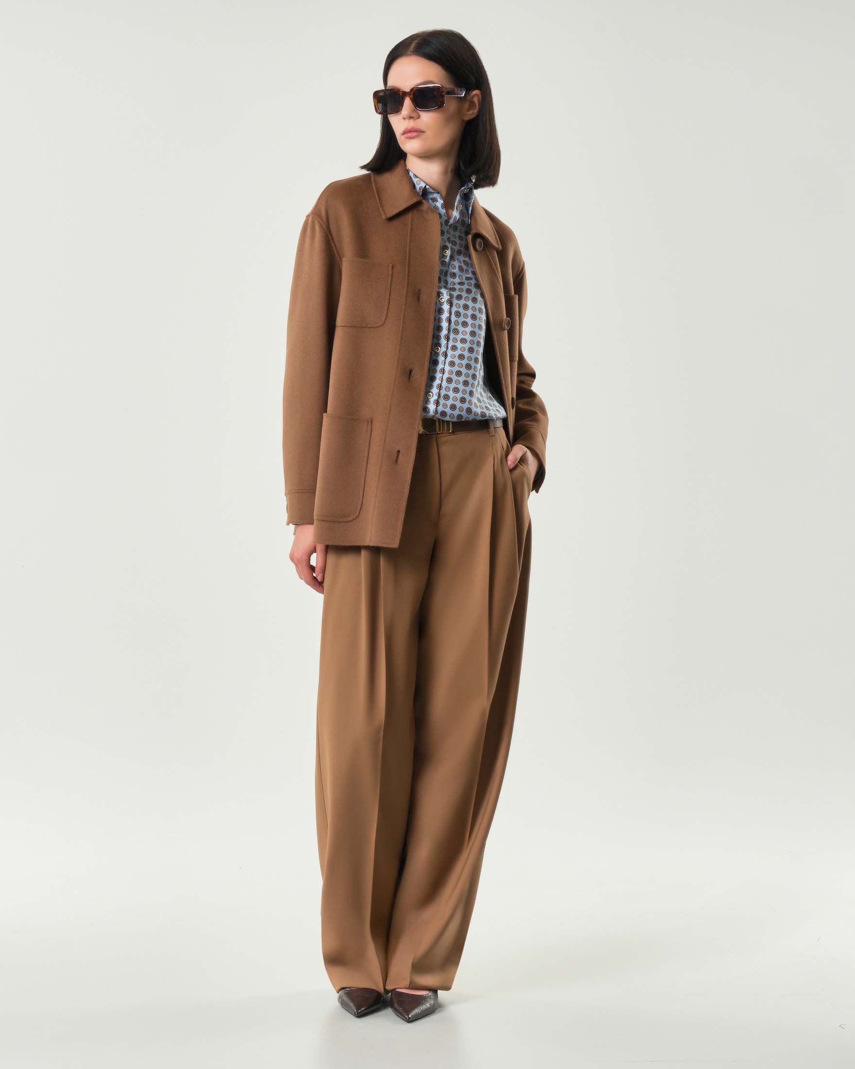 Caban color cuoio a camicia Max Mara Studio in doppio drap di lana cashmere e seta