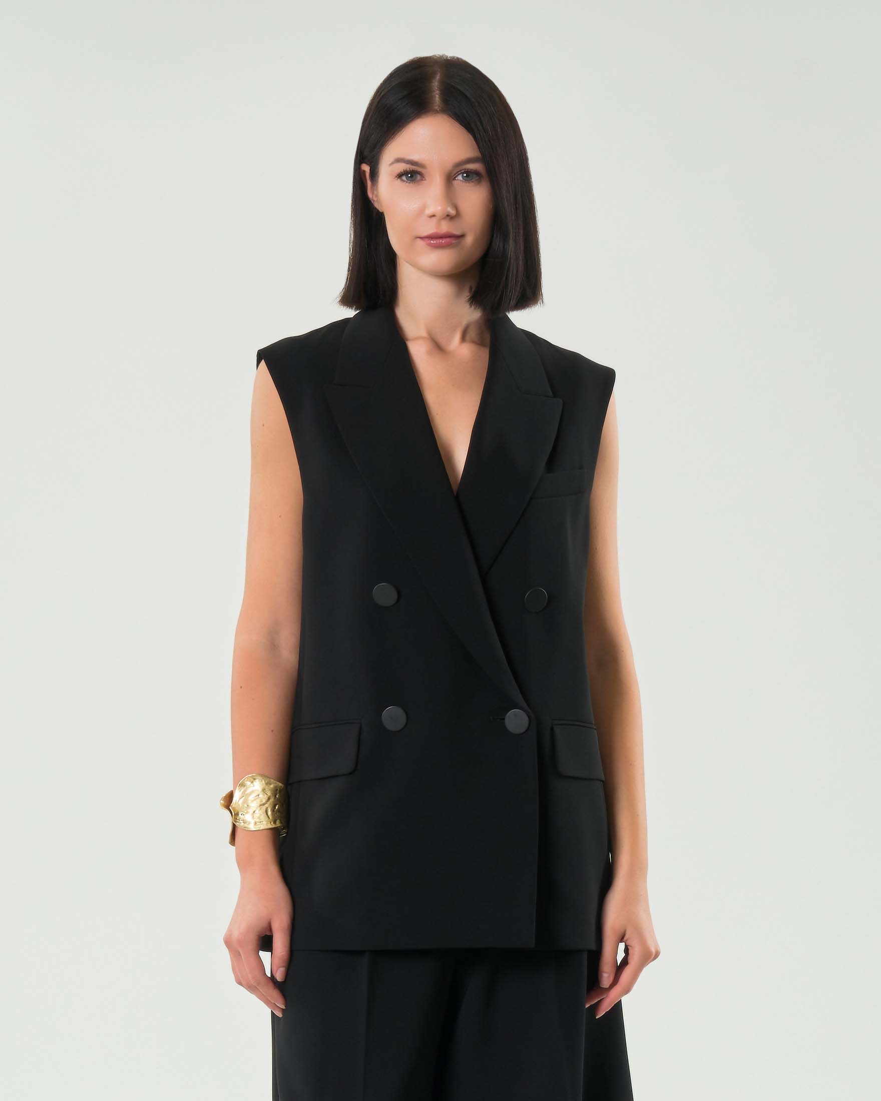 Gilet midi nero doppiopetto Max Mara Studio in cady con scollo a rever