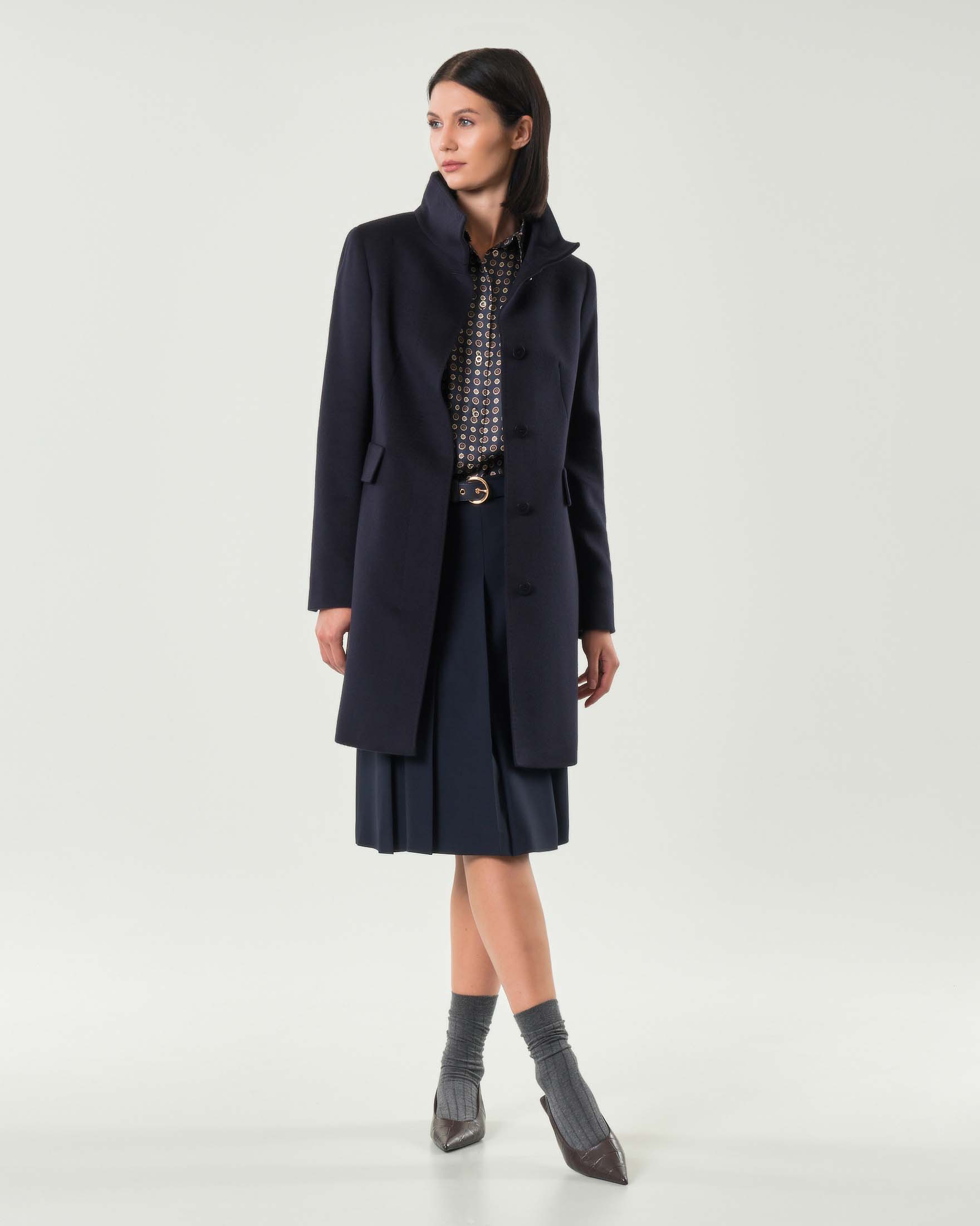 MAX MARA - STUDIO — Cappotto blu Max Mara Studio in drap di pura lana vergine con colletto in piedi