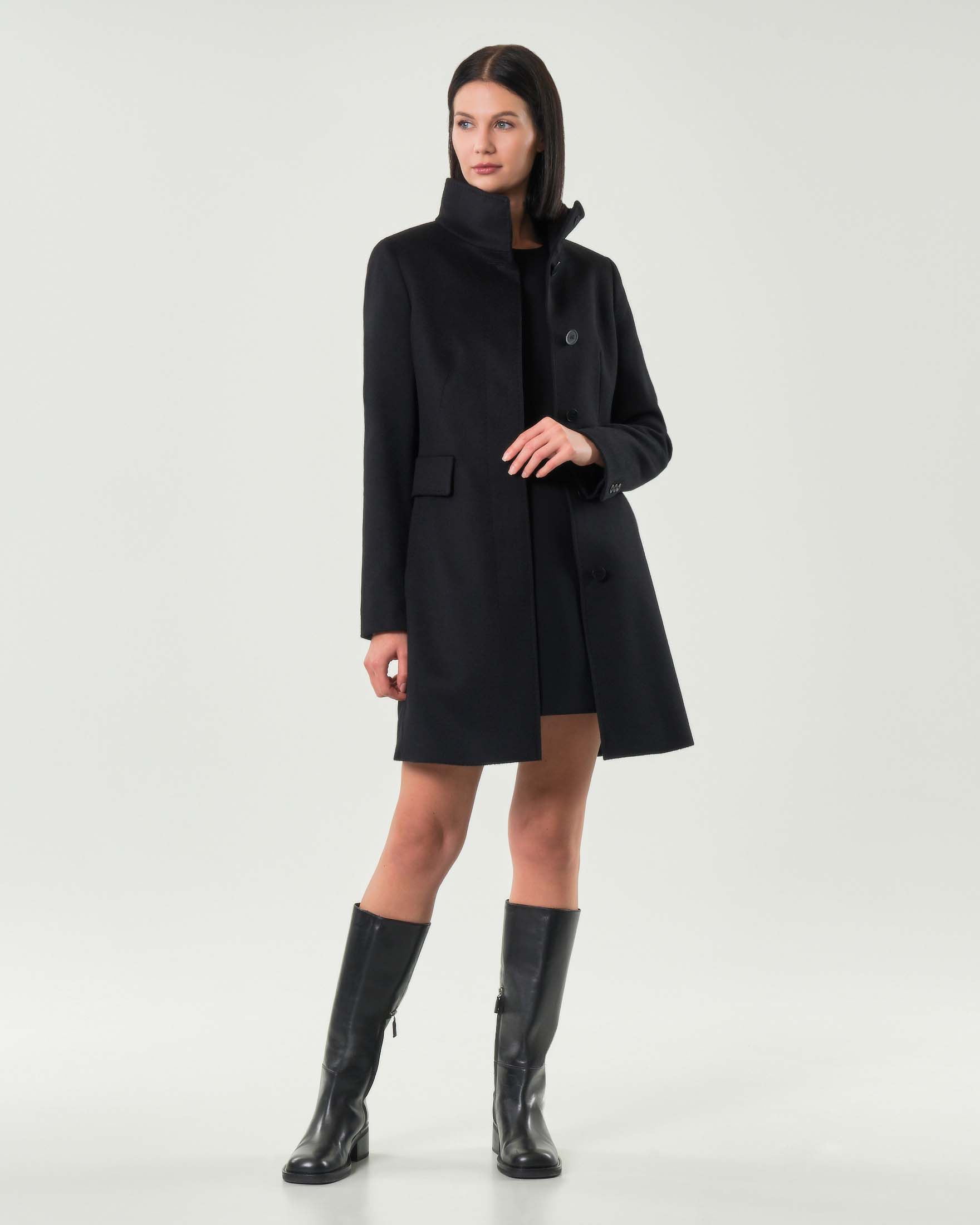 MAX MARA - STUDIO — Cappotto nero Max Mara Studio in drap di pura lana vergine con colletto in piedi