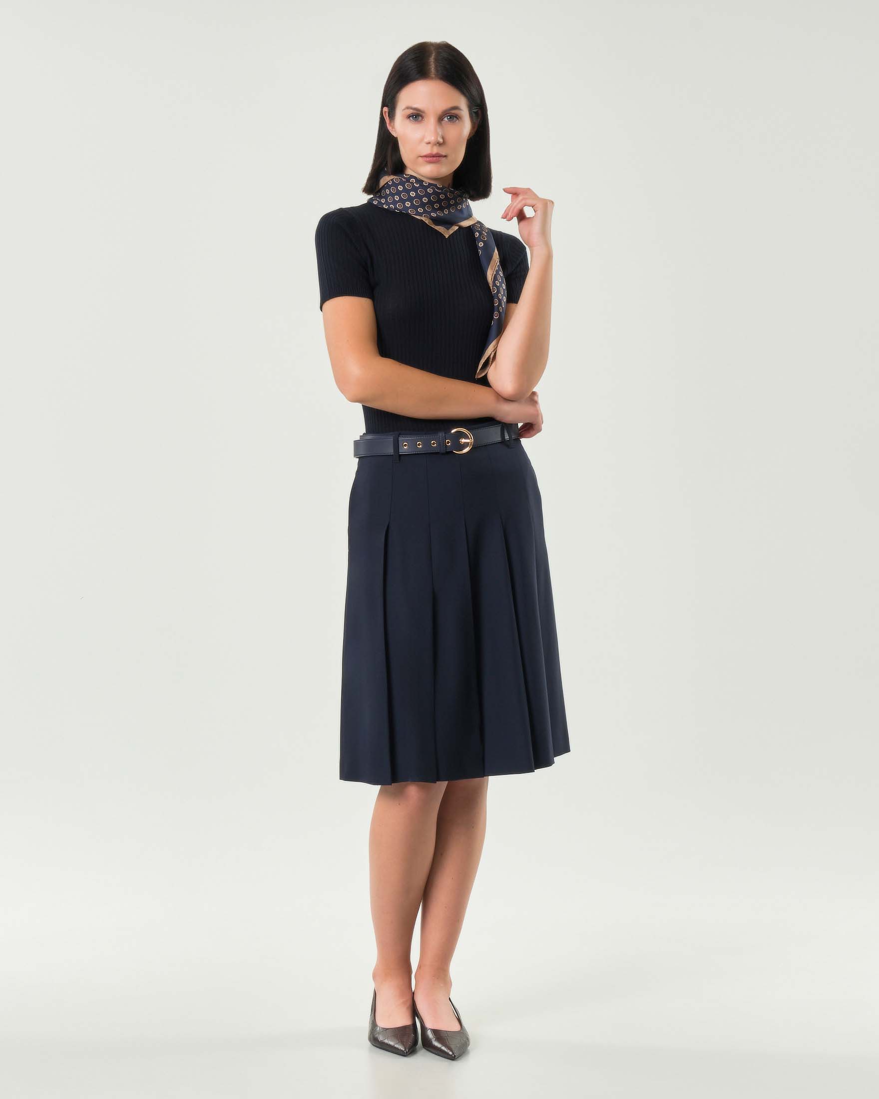 Gonna midi blu a pieghe Max Mara Studio in saglia di lana vergine con cintura in vita