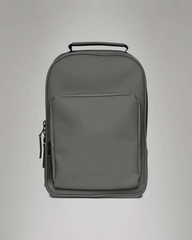 Zaino Rains Book Daypack grigio in tessuto tecnico impermeabile effetto gommato con tasca esterna