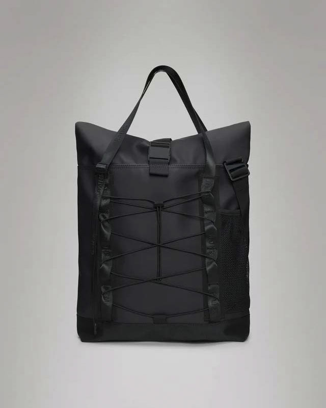 Trail Tote Bag Rains nera in tessuto tecnico impermeabile effetto gommato