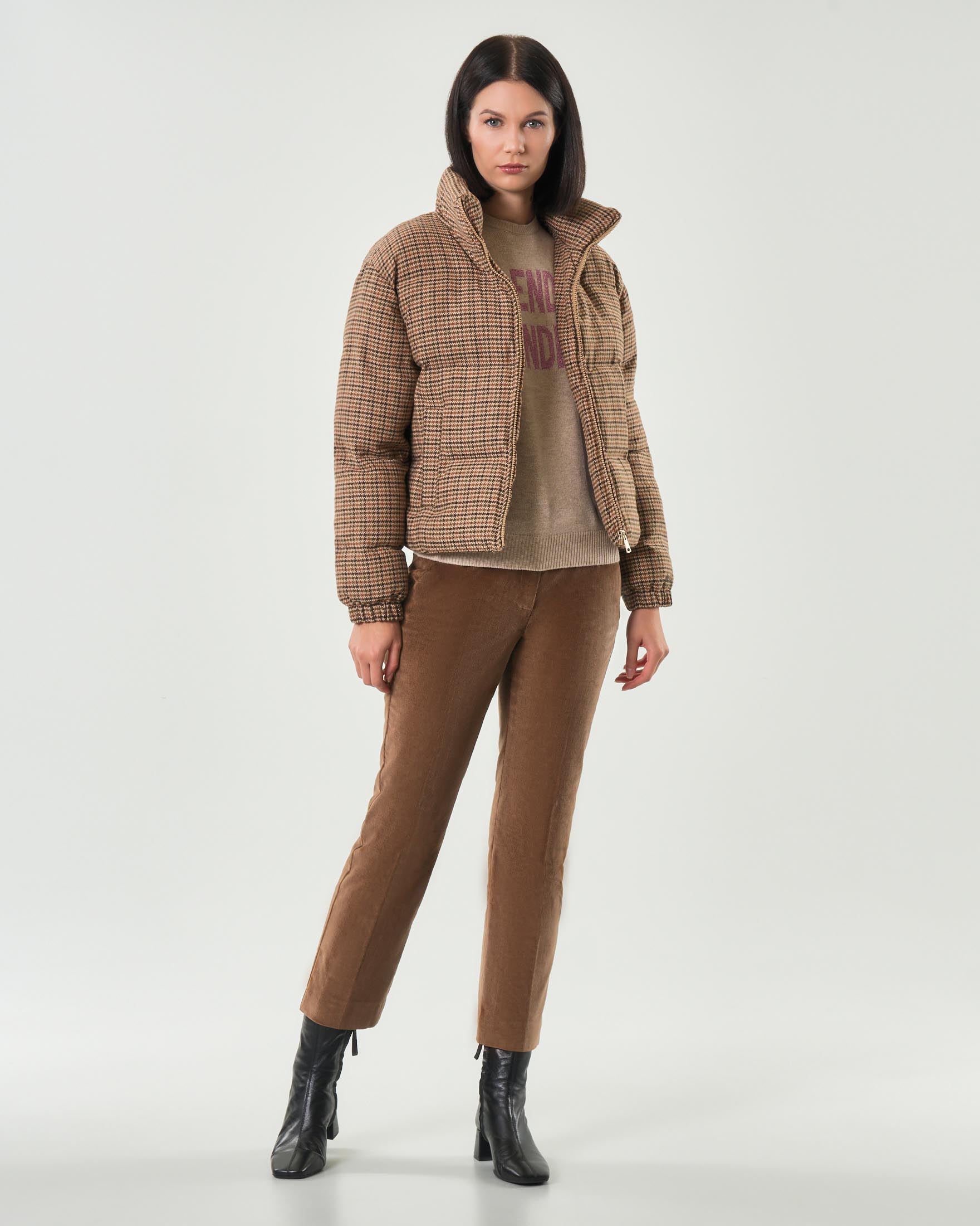 Giubbino imbottito MC2 Saint Barth a fantasia pied de poule marrone e beige con collo alto