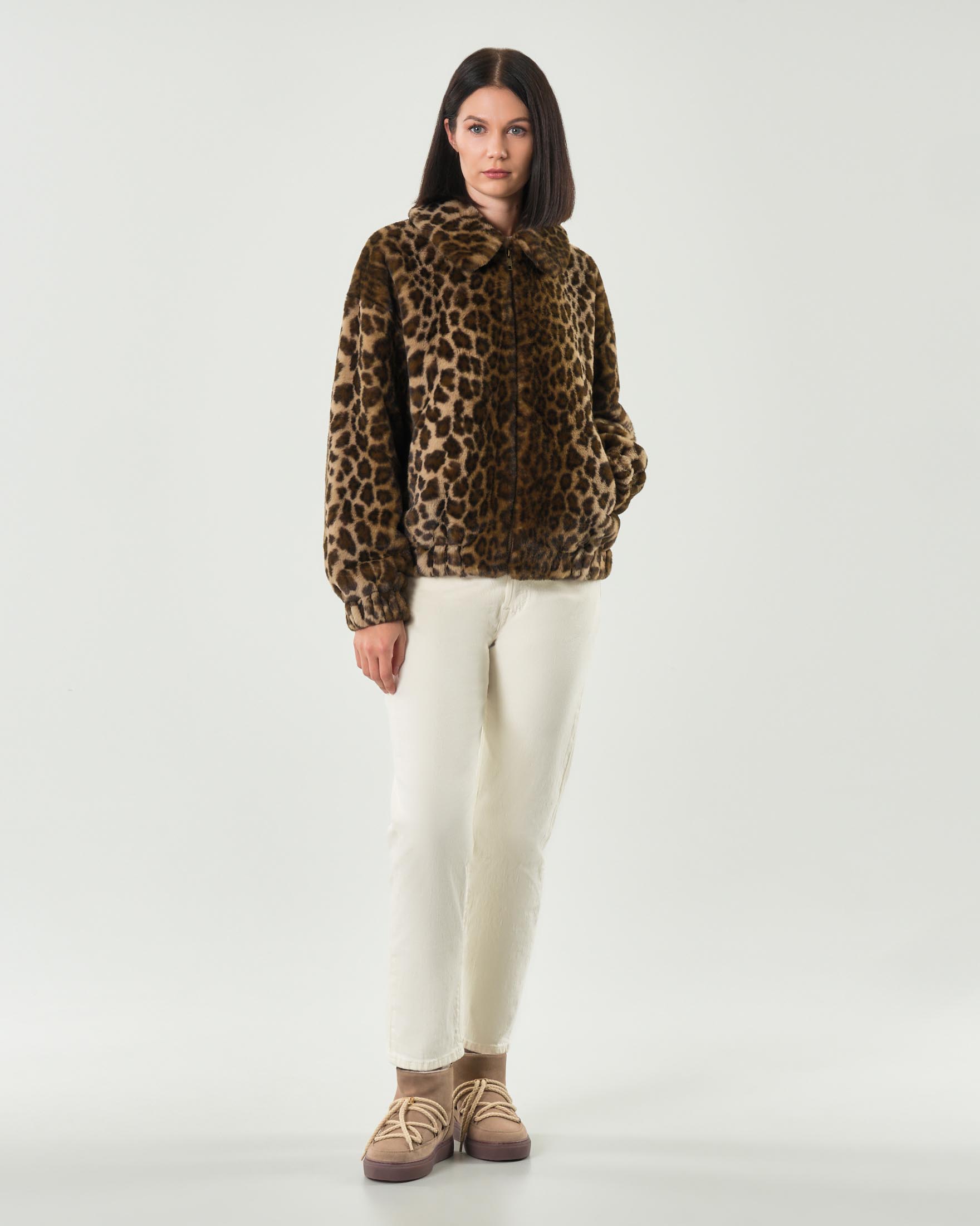 Bomber in faux fur a stampa leopardata con colletto a camicia