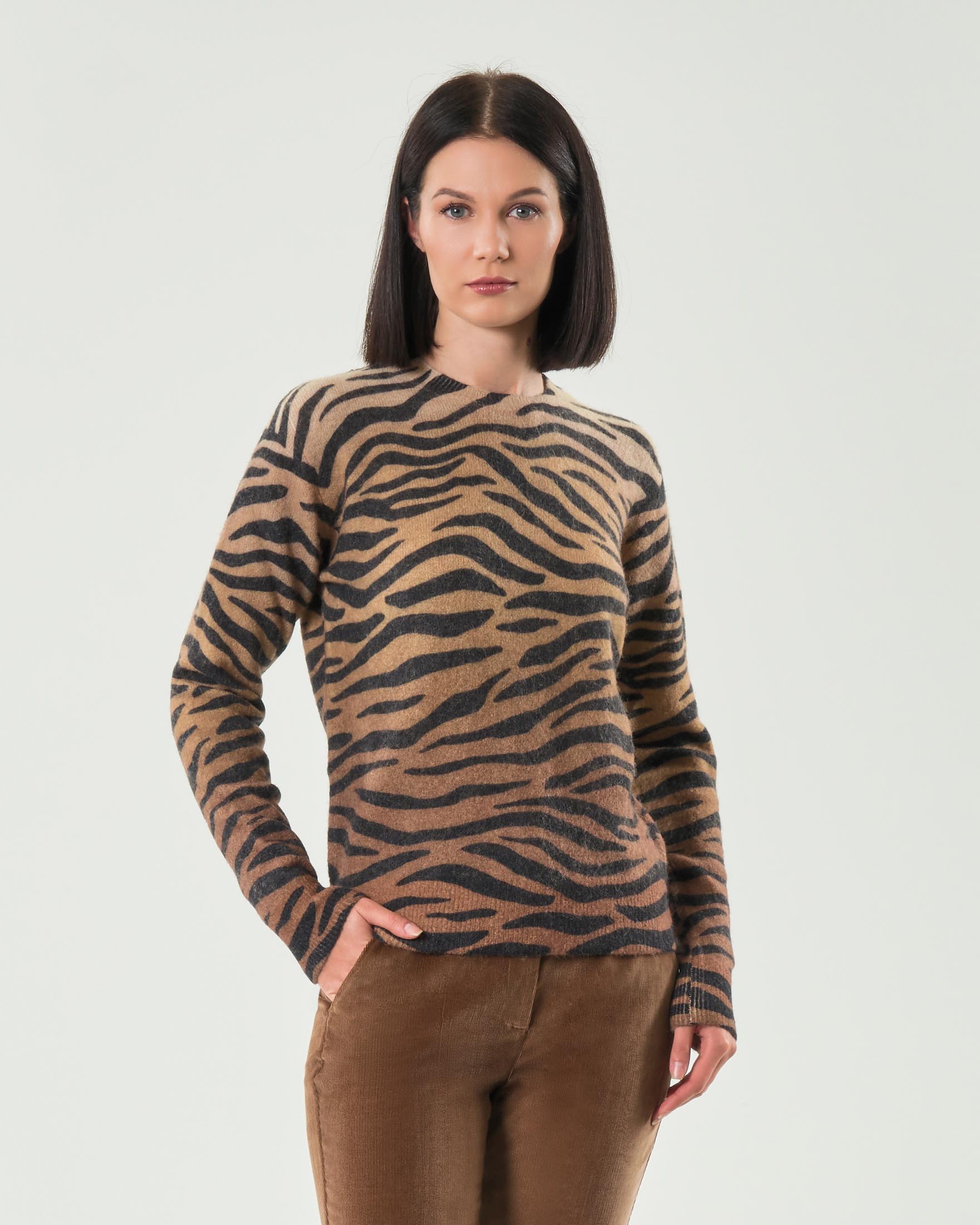 Maglia girocollo MC2 Saint Barth in misto alpaca a fantasia zebrata sfumata color cammello