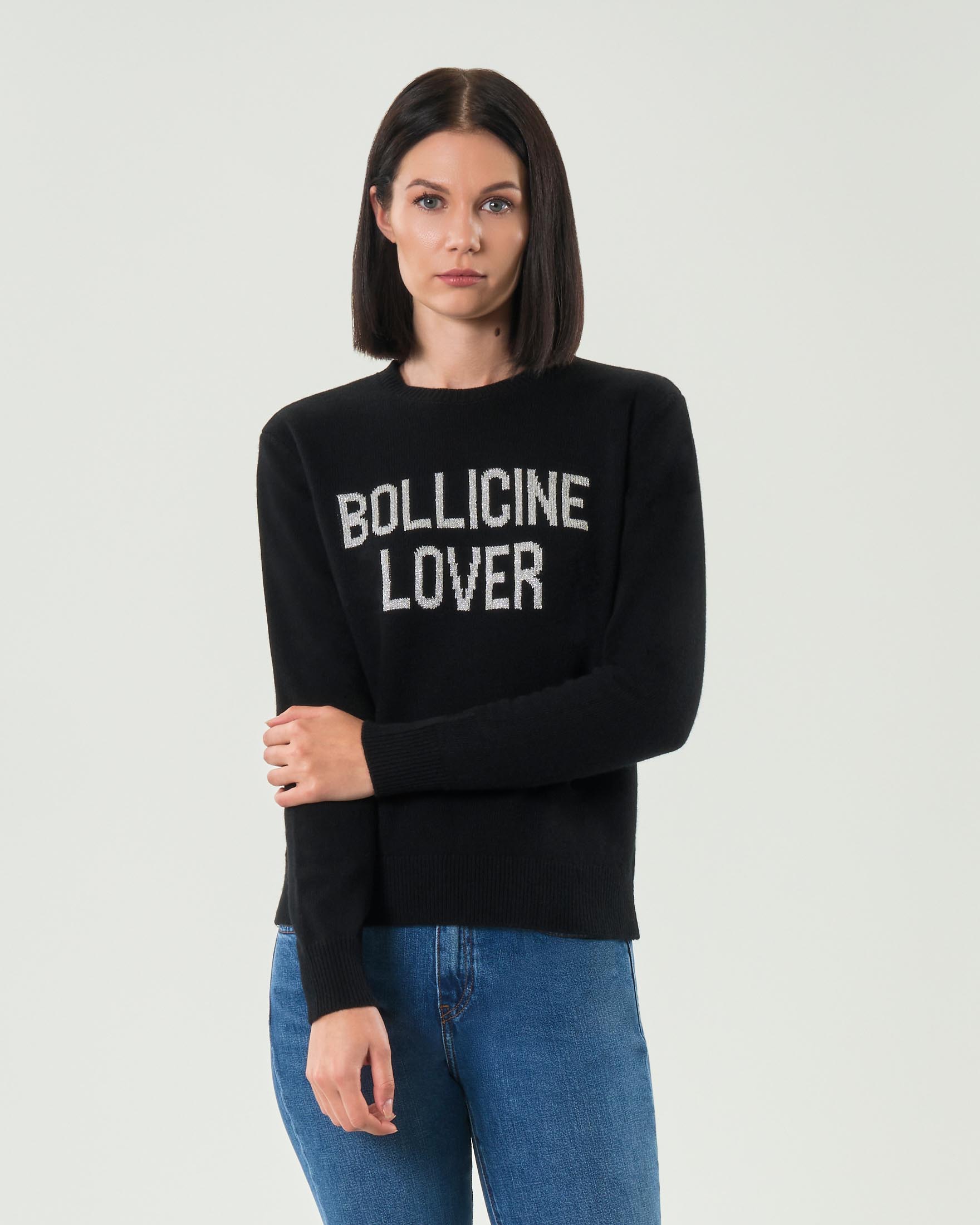 Maglia nera MC2 Saint Barth in lana e cashmere con scritta jacquard argento glitter Bollicine Lover