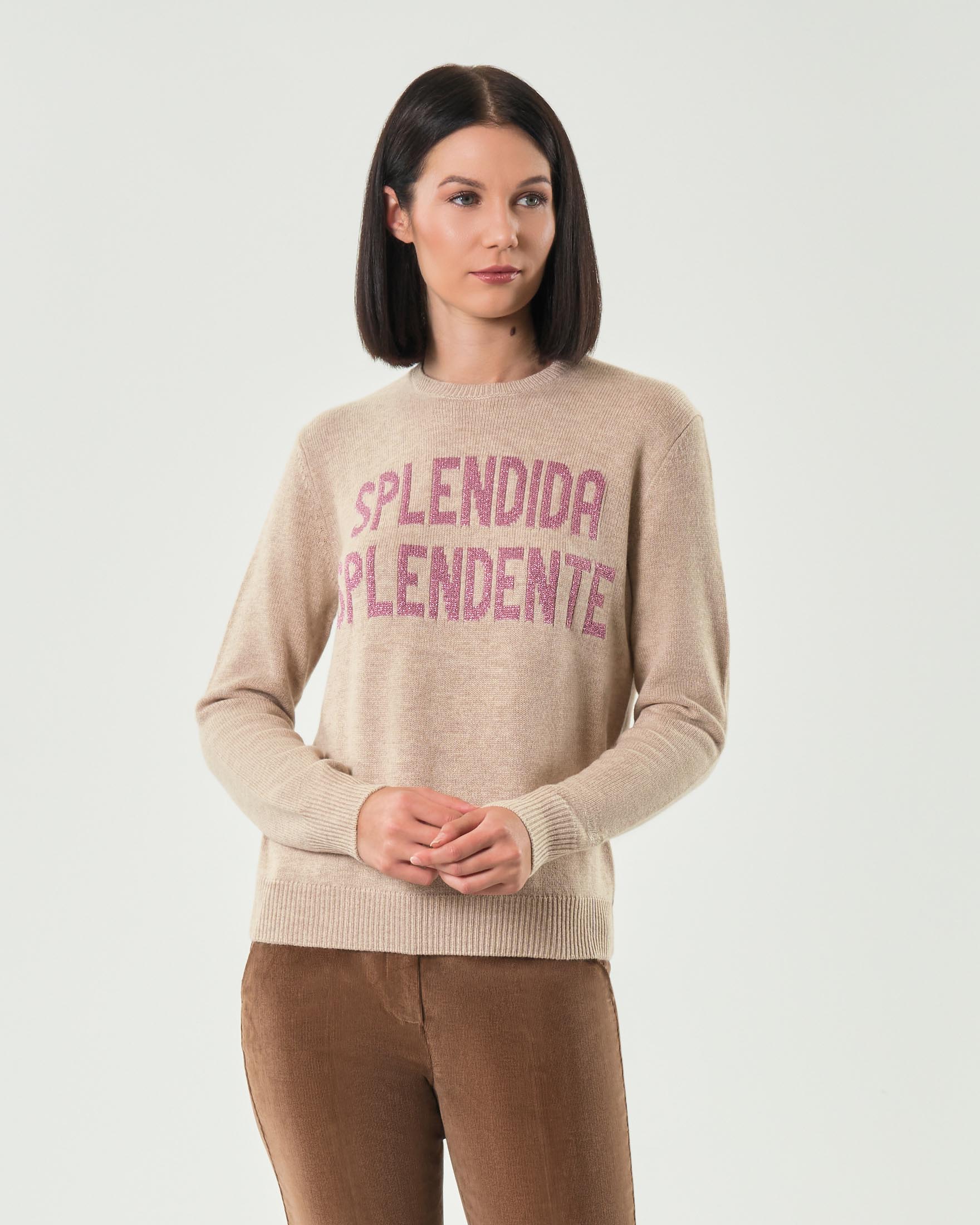 Maglia beige MC2 Saint Barth in lana e cashmere con scritta jacquard rosa glitter Splendida Splendente