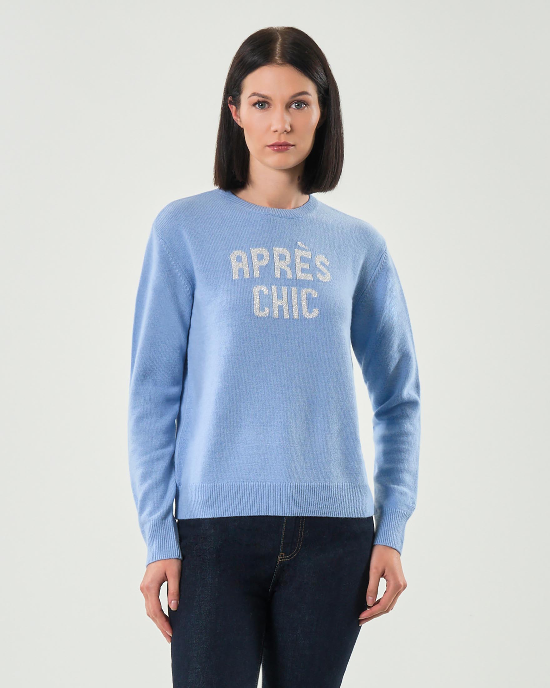 Maglia azzurra MC2 Saint Barth in lana e cashmere con scritta jacquard argento glitter Après chic