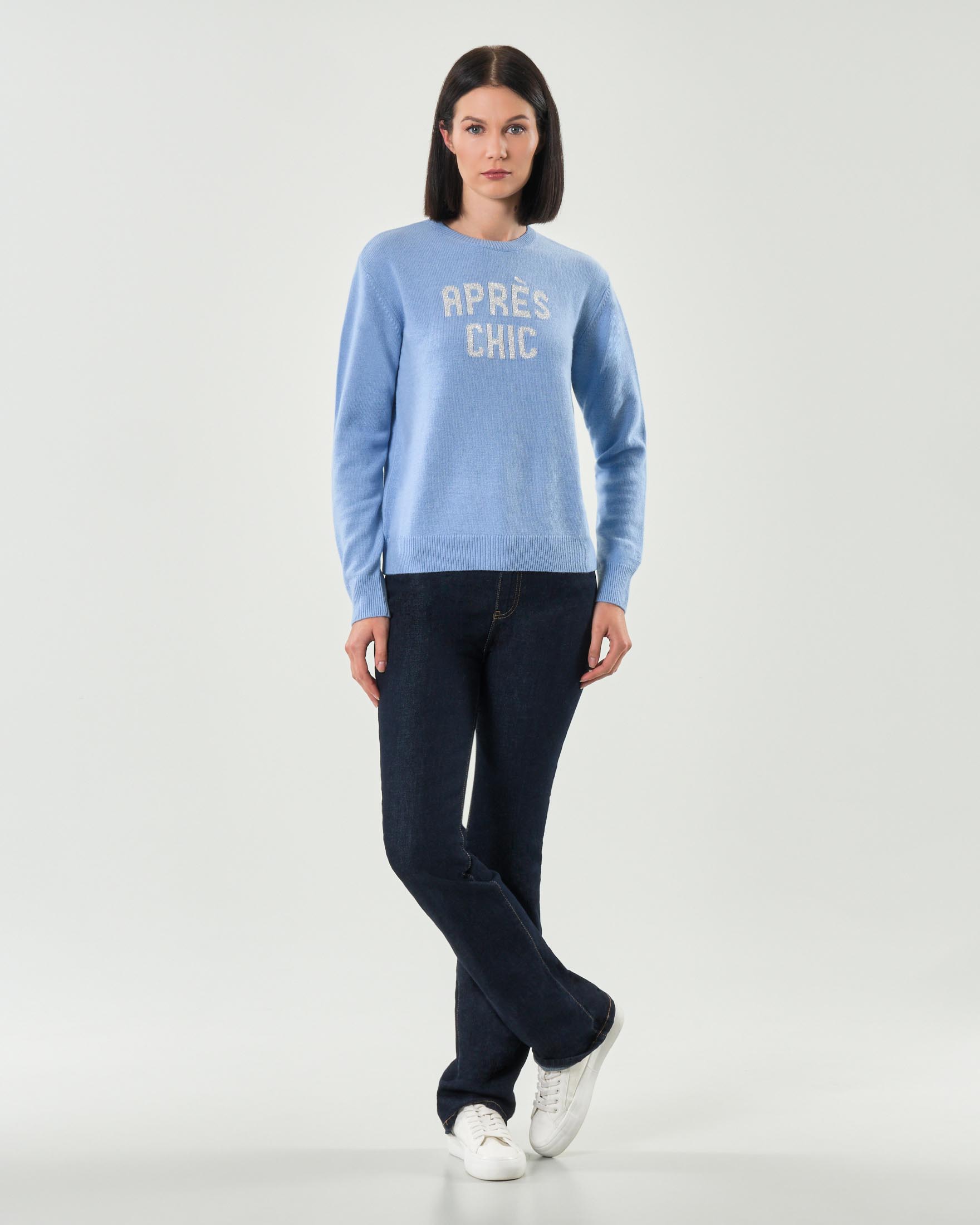 Maglia azzurra MC2 Saint Barth in lana e cashmere con scritta jacquard argento glitter Après chic image