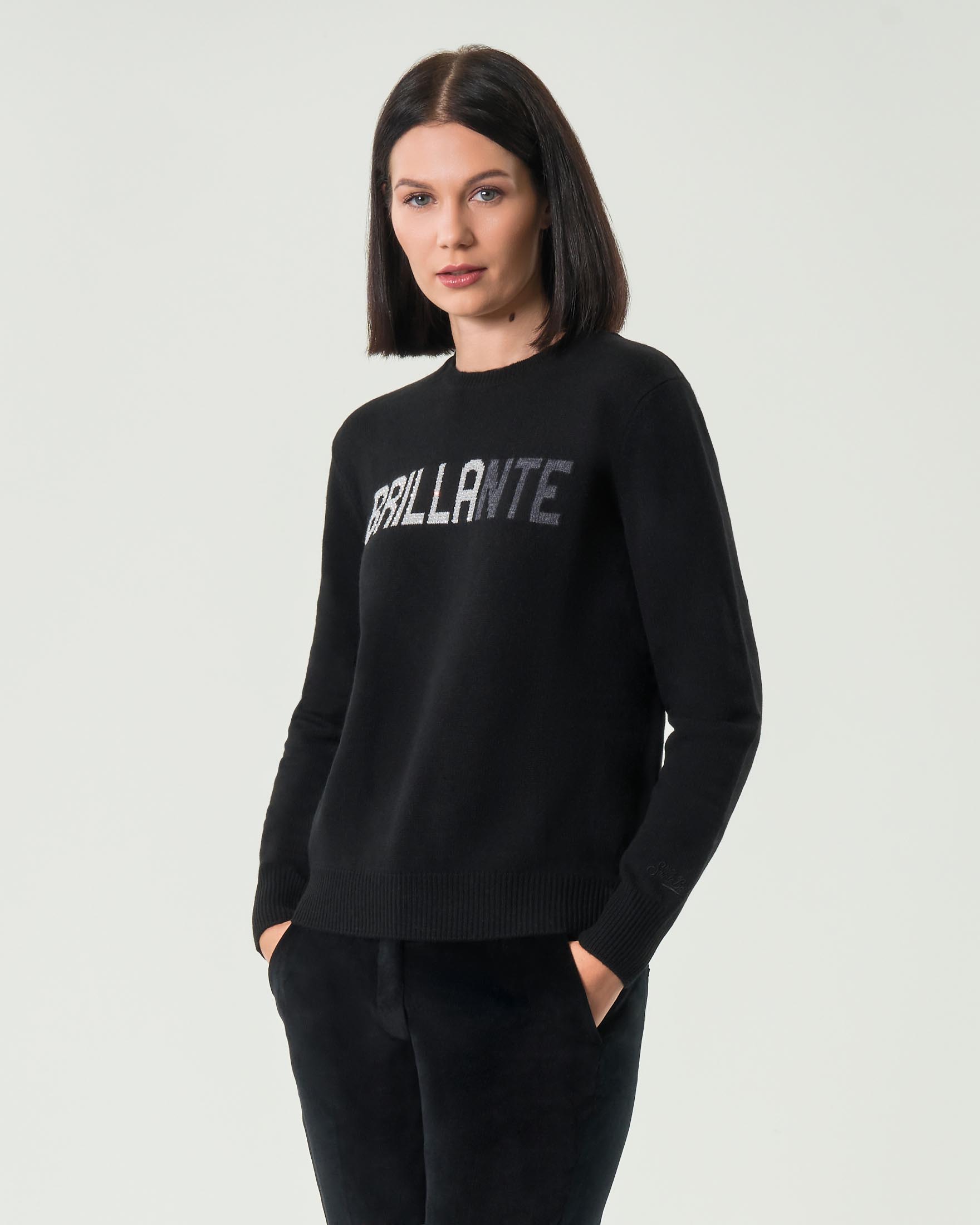 Maglia nera MC2 Saint Barth in lana e cashmere con scritta jacquard bicolore glitter Brillante