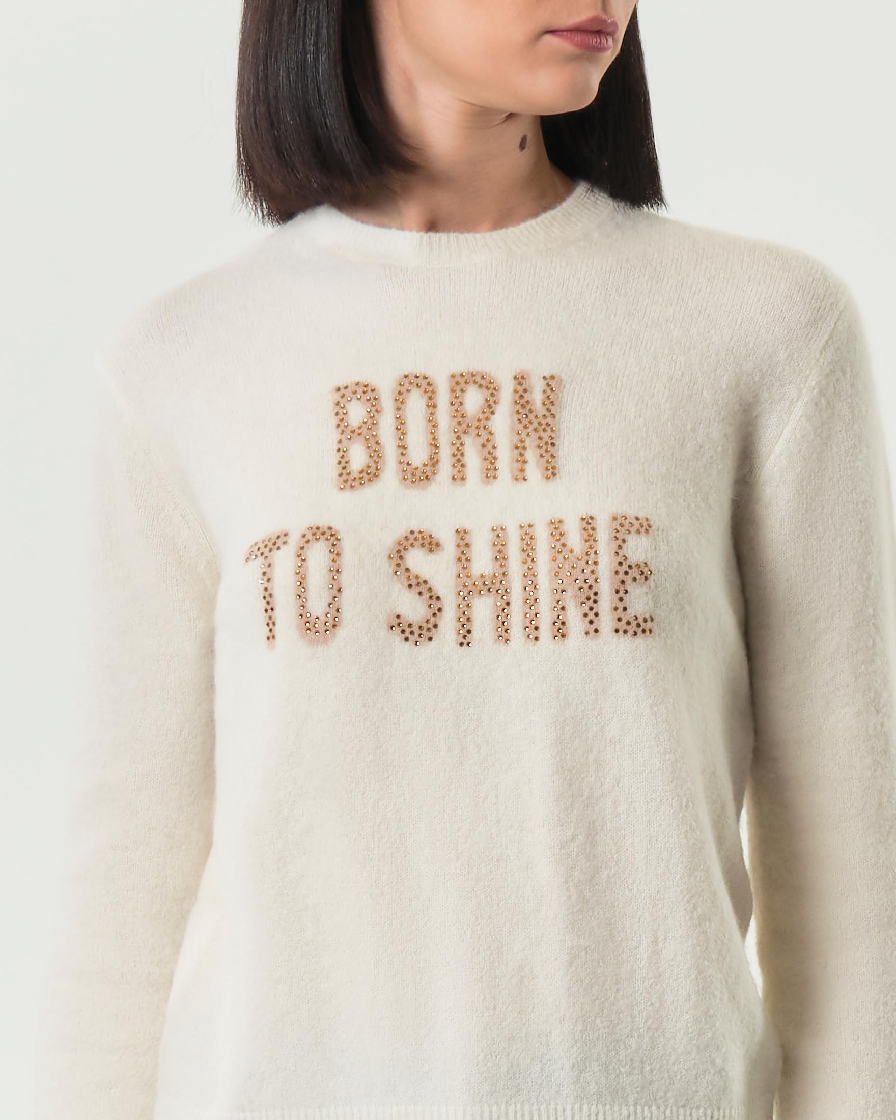 Maglia avorio MC2 Saint Barth in misto lana con scritta jacquard oro con strass Born to shine image