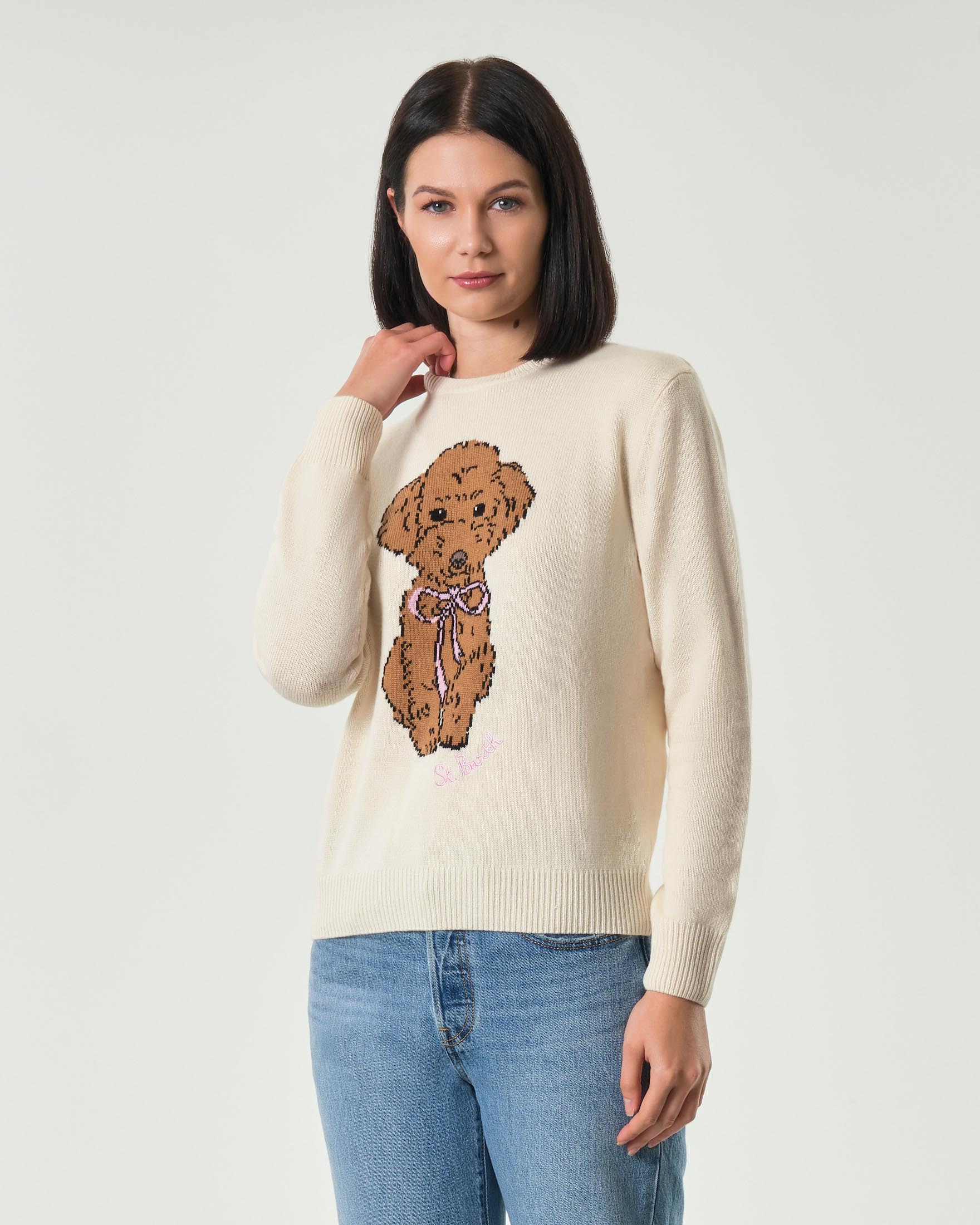 Maglia color avorio MC2 Saint Barth in lana e cashmere con barboncino jacquard con scritta logo ricamata