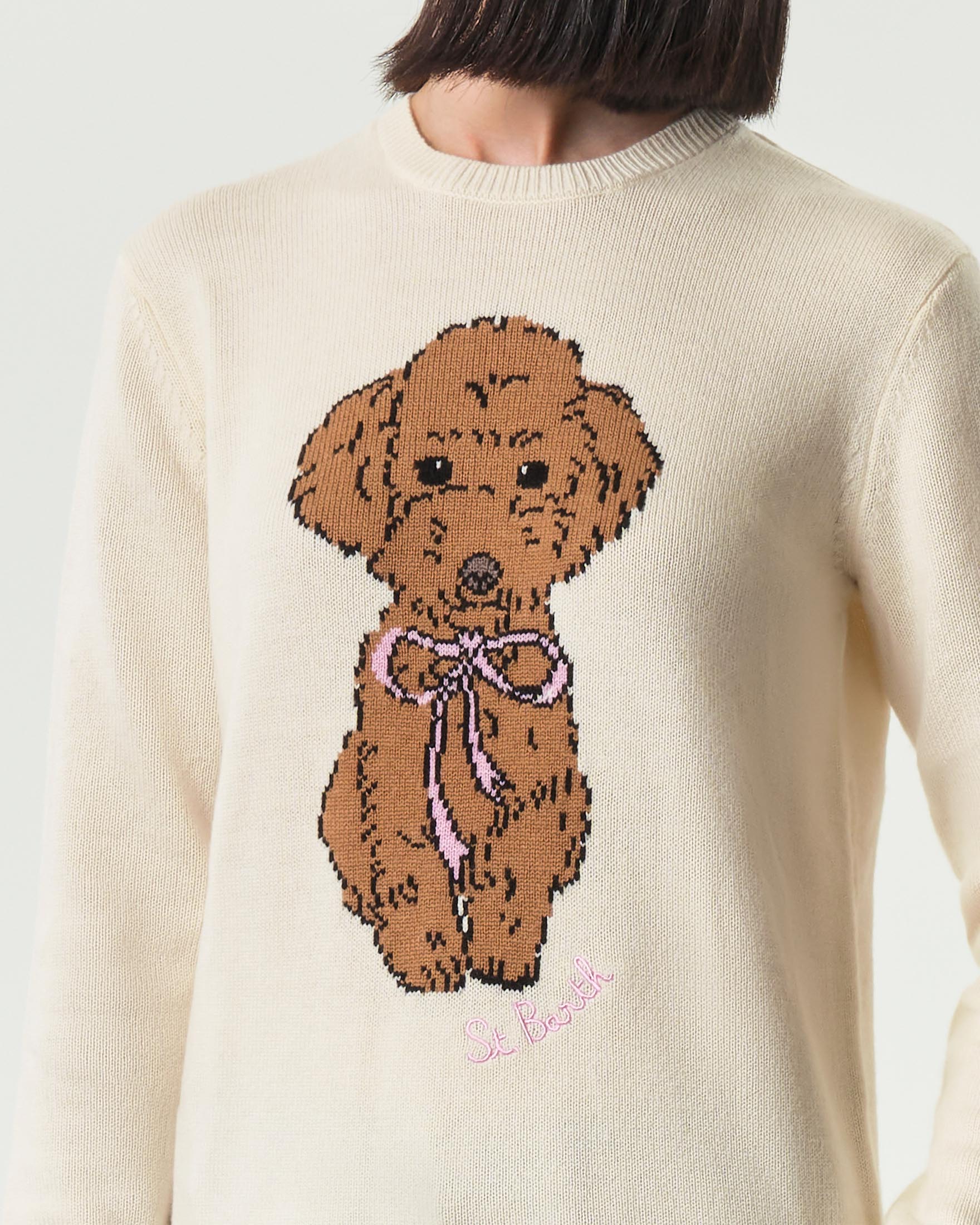 Maglia color avorio MC2 Saint Barth in lana e cashmere con barboncino jacquard con scritta logo ricamata image