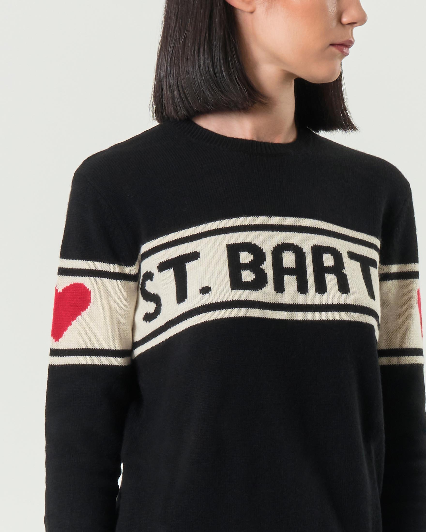 Maglia nera MC2 Saint Barth in lana e cashmere con scritta jacquard logo e cuori sulle maniche a contrasto di colore image