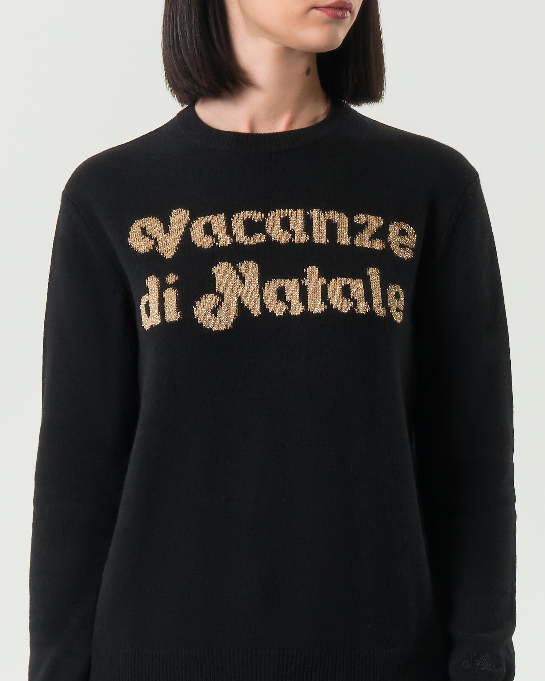 Maglia nera MC2 Saint Barth Vacanze di Natale special editione con scritta jacquard oro image