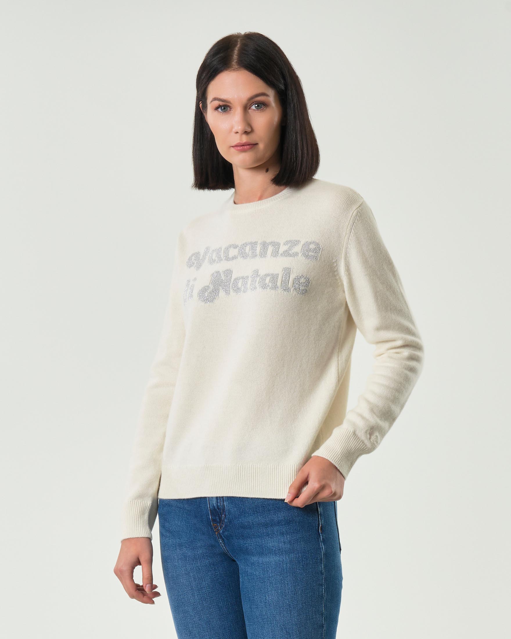 Maglia bianca MC2 Saint Barth Vacanze di Natale special editione con scritta jacquard argento